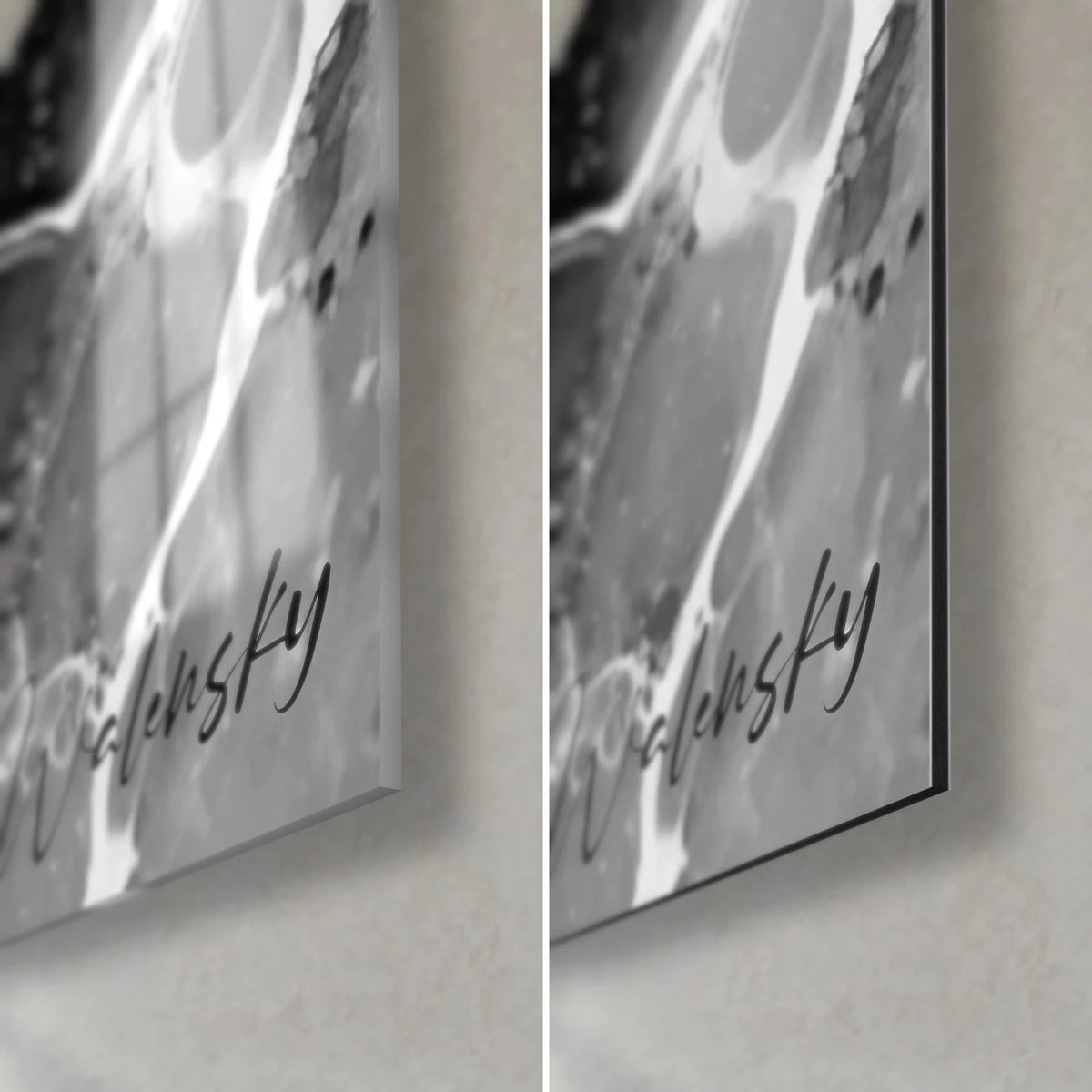 Wall art with fluid monochrome, pearl grey and deep black bubbles, Walensky signature, glossy glass on the left, matte Dibond on the right