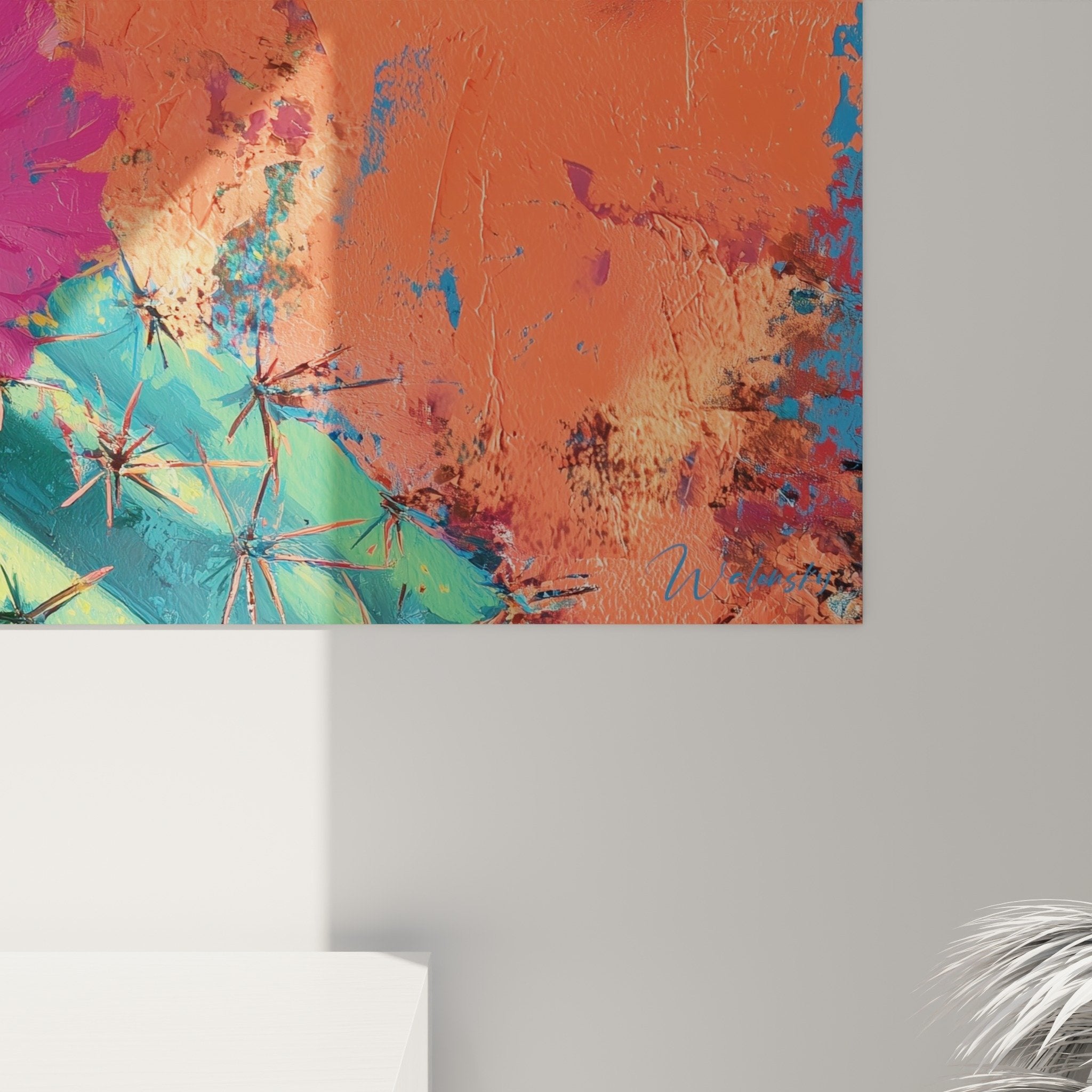 Vue ensemble tableau panoramique cactus colore salon decoration murale cubisme