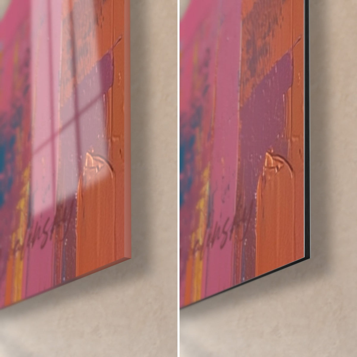 Tableau cactus fleuri, verre acrylique brillant à gauche et alu Dibond mat à droite, coin rose et orange, tranche 3 mm