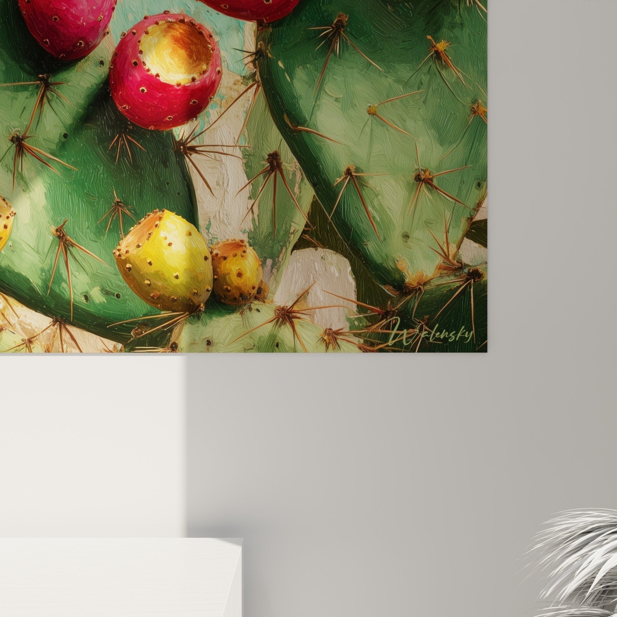 Vue ensemble tableau cactus fruits colorés décoration murale style cubiste désertique