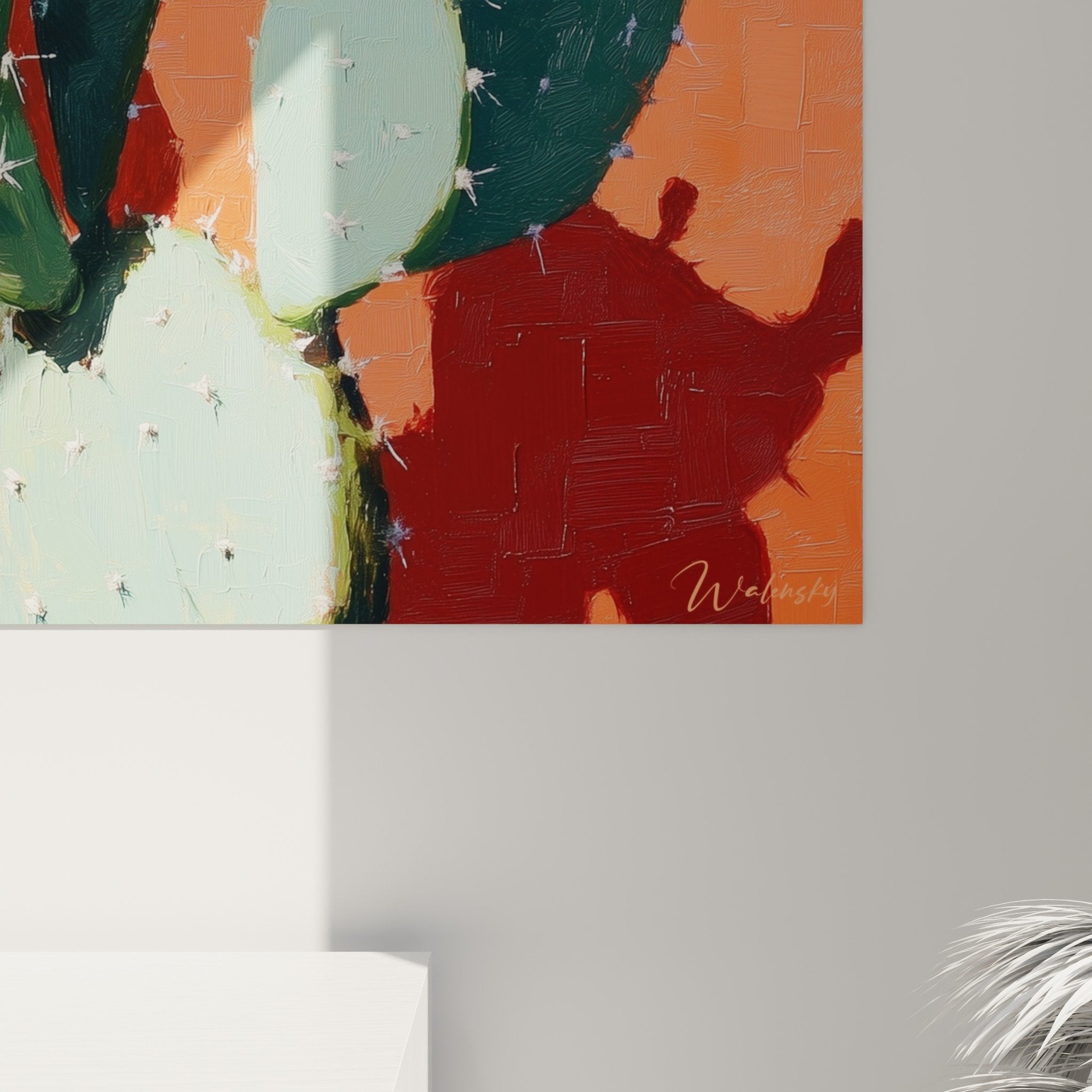 Vue d'ensemble tableau cactus dans intérieur contemporain, couleurs orange et vert harmonieuses
