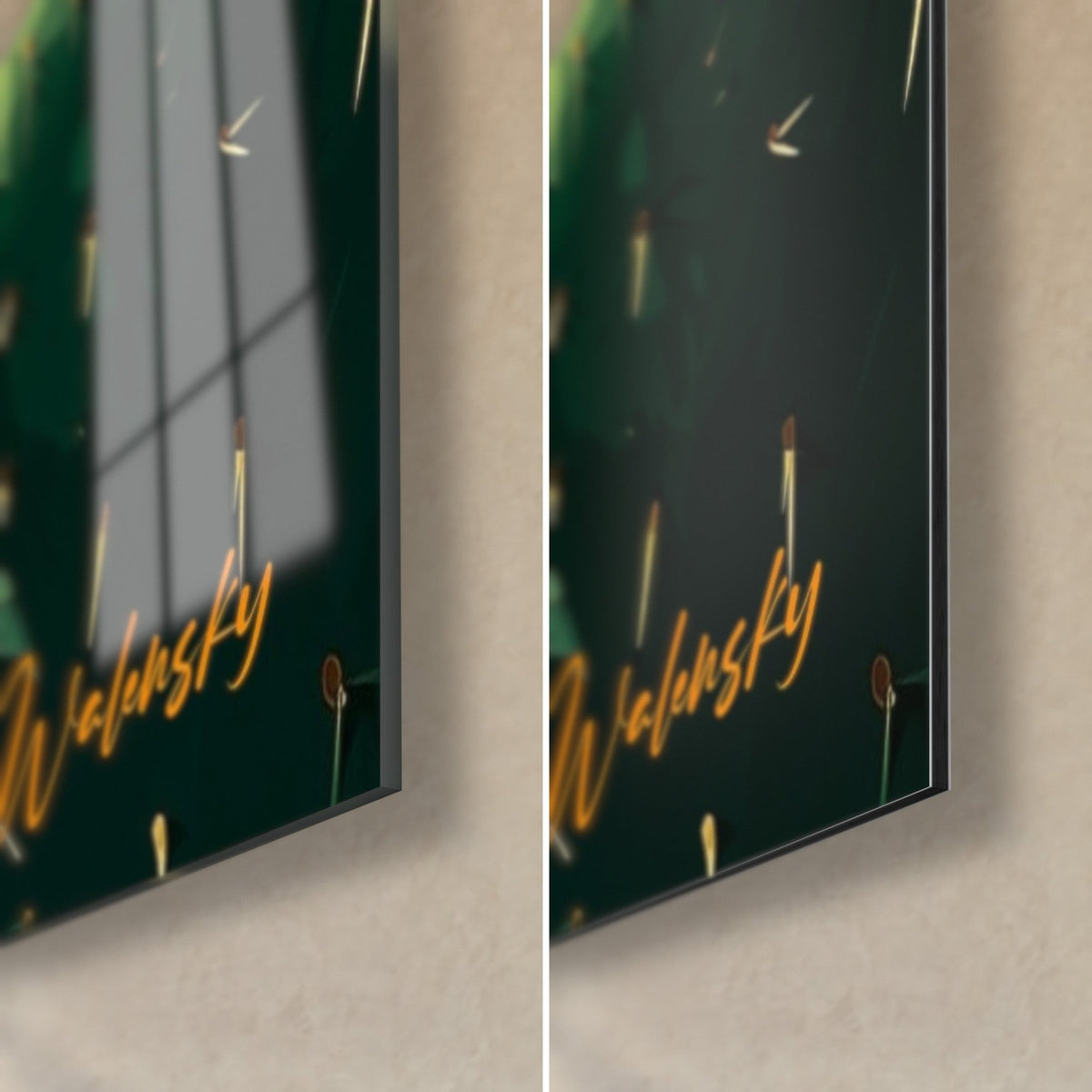 Tableau raquettes de cactus vert sombre, épines dorées et signature Walensky, coin bas droit en verre brillant et alu Dibond mat