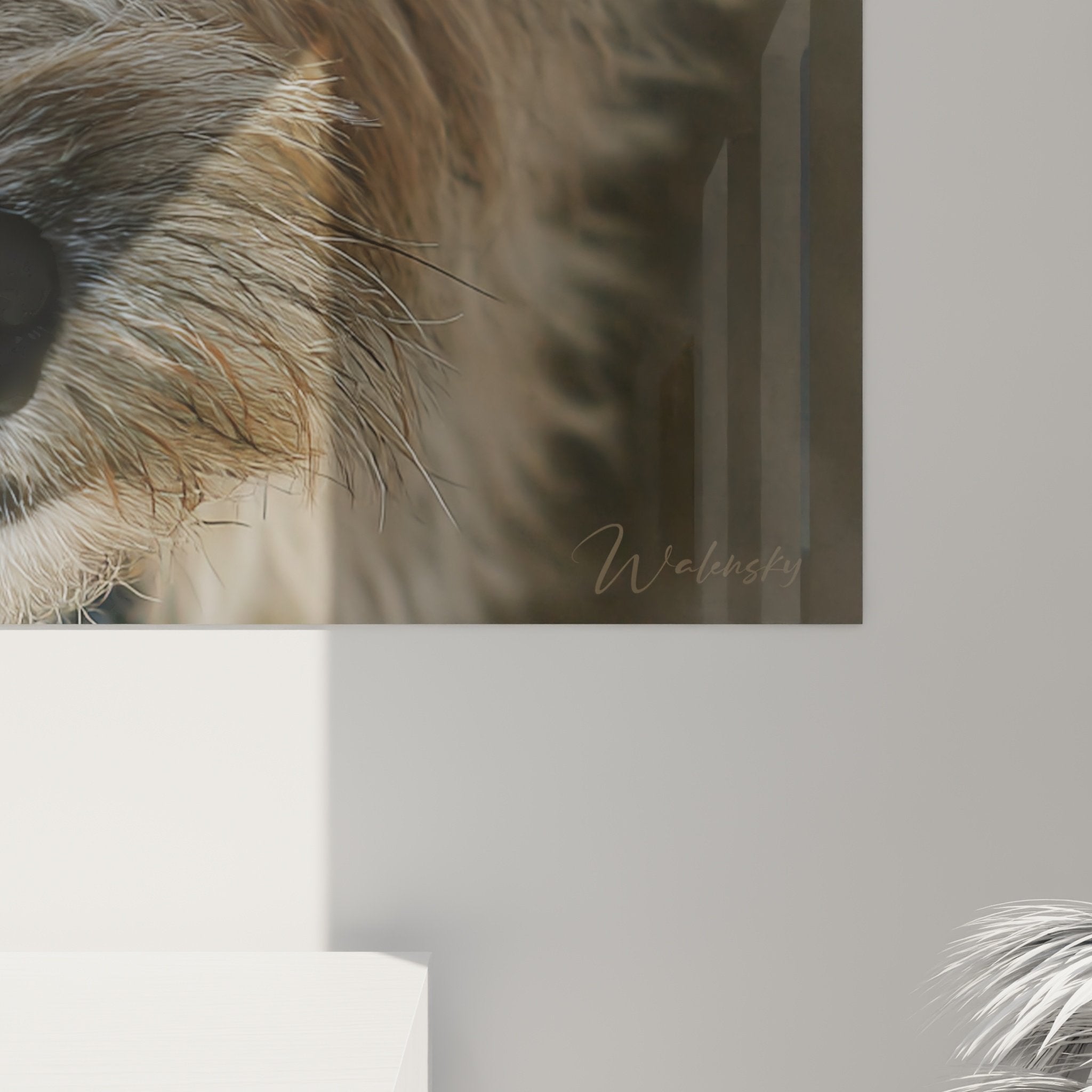 Vue d'ensemble tableau mural portrait Cairn Terrier tons dorés décoration intérieur moderne