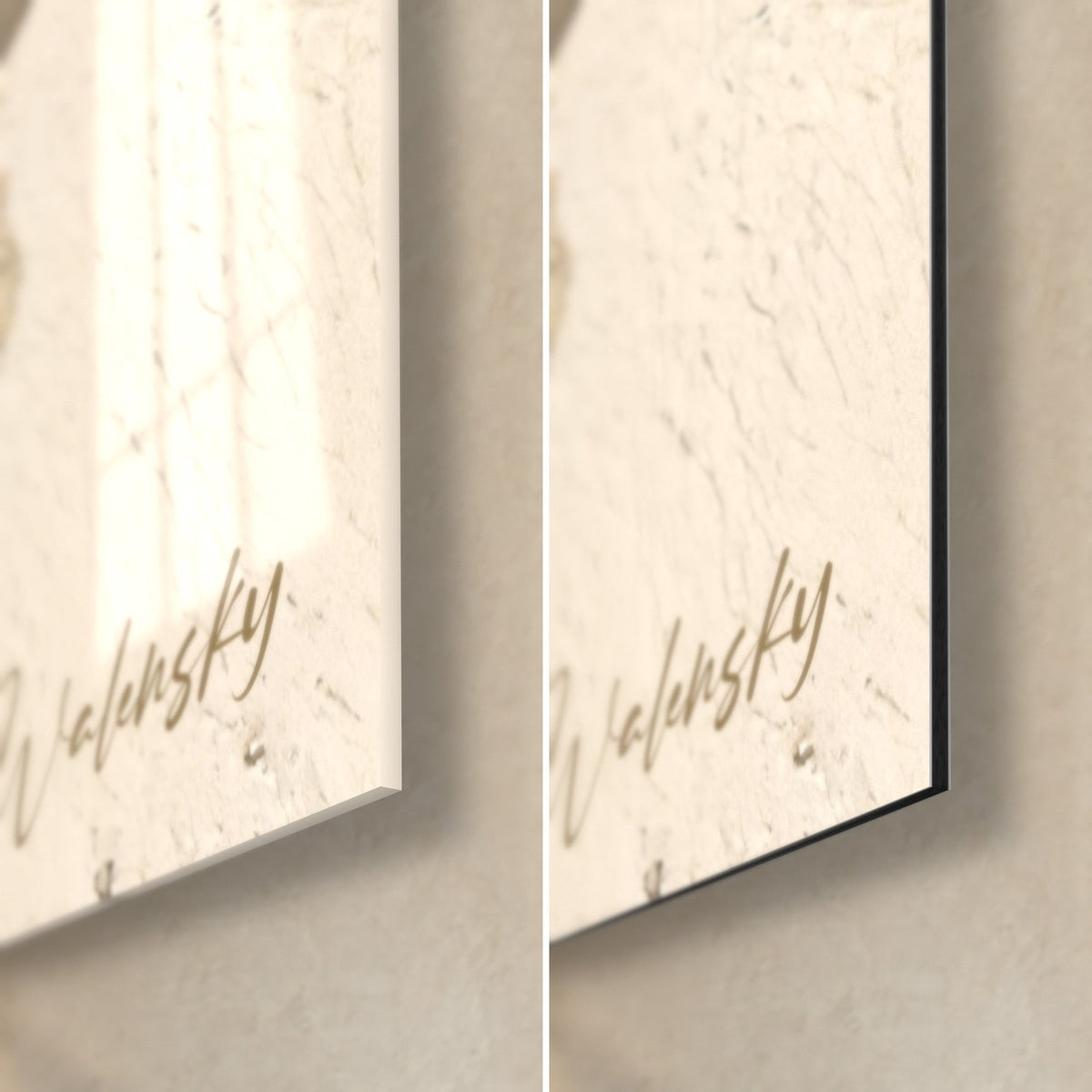 Schilderij met abstracte kalligrafie, rechtsonder: glanzend glas links, mat Dibond rechts, gouden Walensky-handtekening