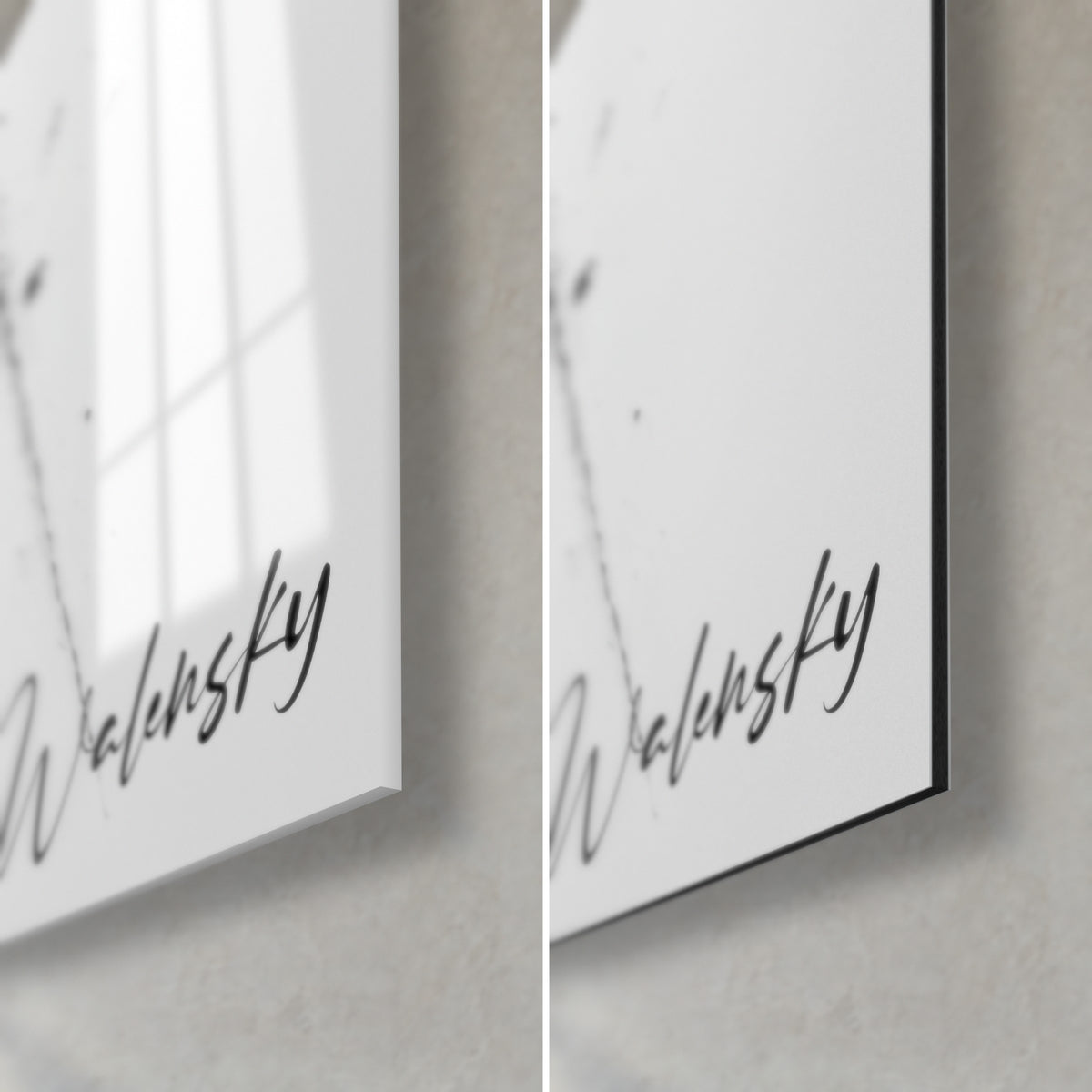 Wall art with black ink ideogram on white background, bottom right corner, glossy acrylic glass on the left, matte Dibond on the right