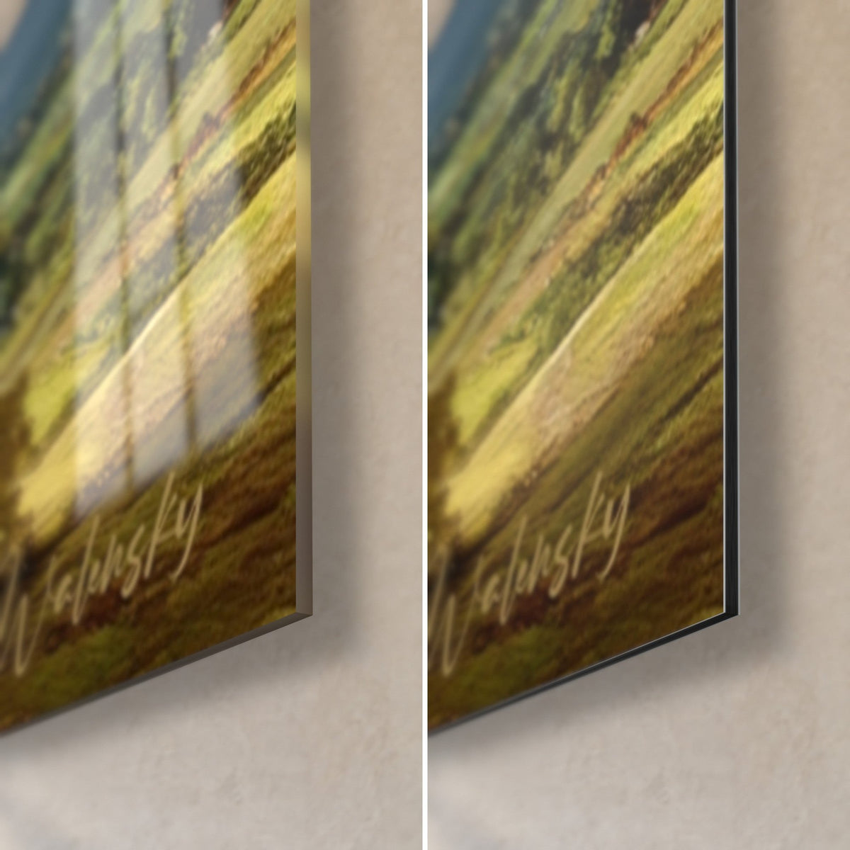 Gemälde mit weißen Wolken über einem Tal, glänzend lackierte Acrylglas-Ecke unten rechts und matt gebürstetes Dibond, goldene Signatur, 3 mm Kante