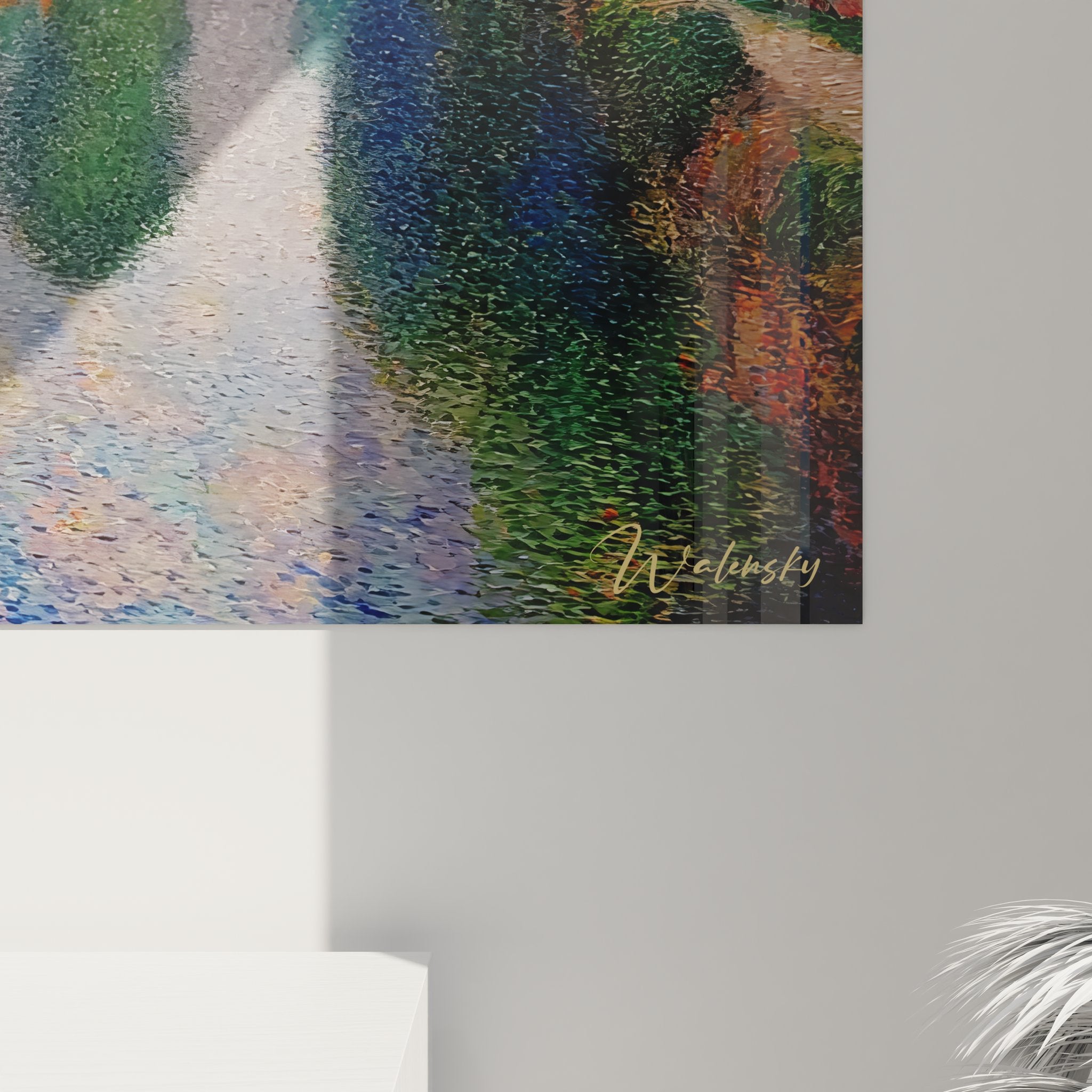 Vue ensemble tableau mural canal vénitien, paysage impressionniste complet maisons italiennes reflets eau