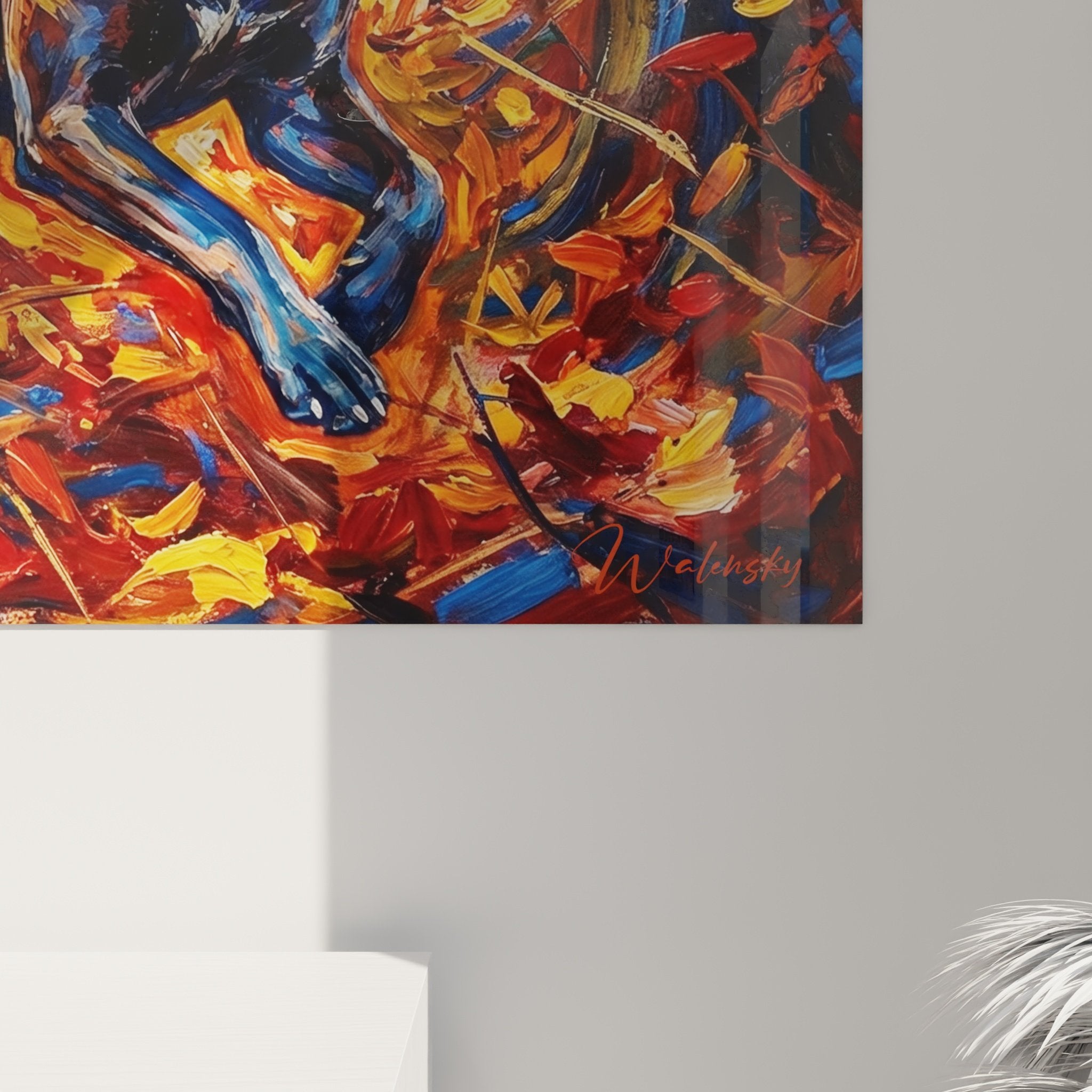 Vue d'ensemble tableau duo Cane Corso en mouvement dans décor automnal flamboyant style expressionniste
