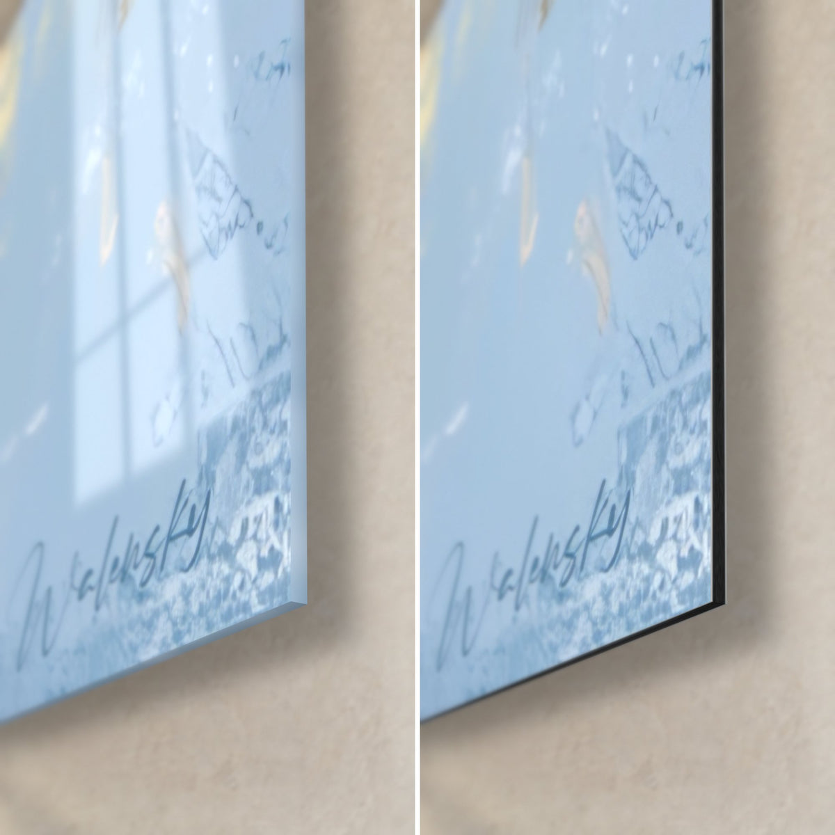 Wall art of a playful puppy with ivory and pale blue fur, bottom right corner, Walensky signature, glossy glass and matte black Dibond