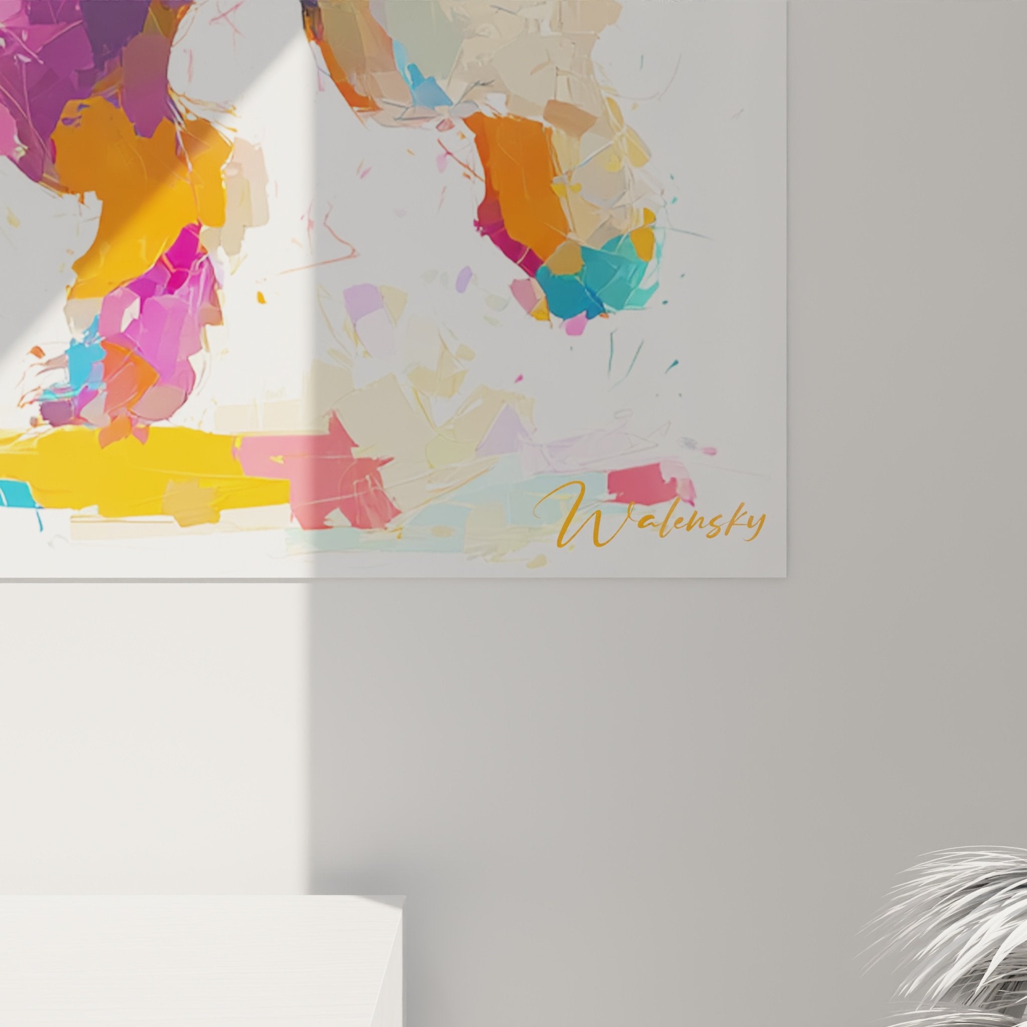 Pudelhund springendes Gemälde lebhafte Farben Inneneinrichtung zeitgenössische Wandkunst modernes Wohnzimmer