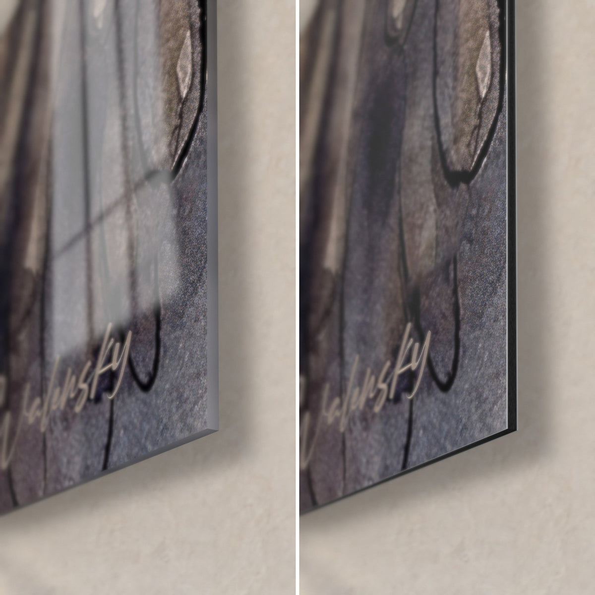 Wall art apricot puppy and black Puli, bottom right corner: glossy acrylic glass with reflections, matte grey Dibond aluminium, 3 mm edge