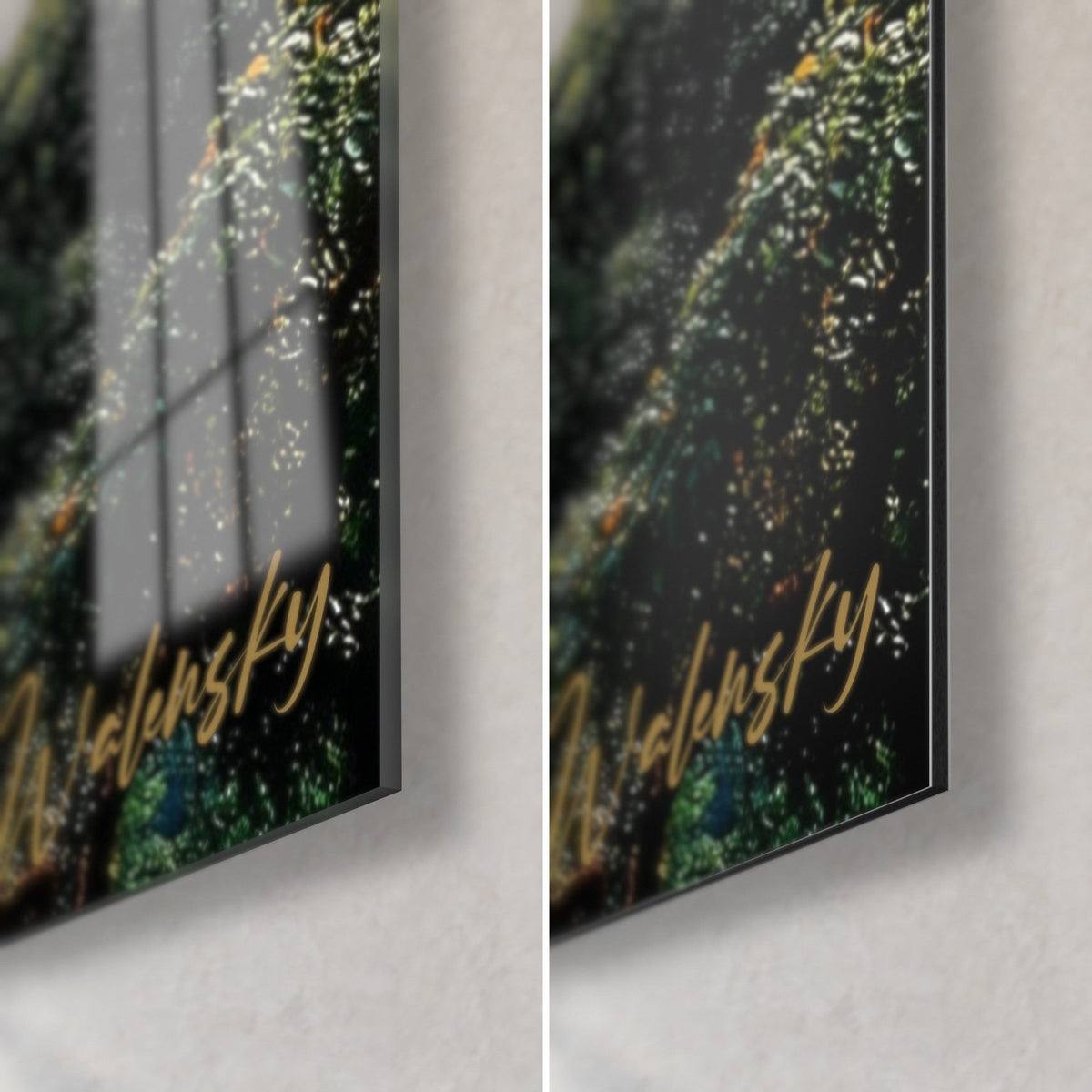 Wall art misty jungle, golden Walensky signature and window reflections on the glossy glass, 3 mm black edge