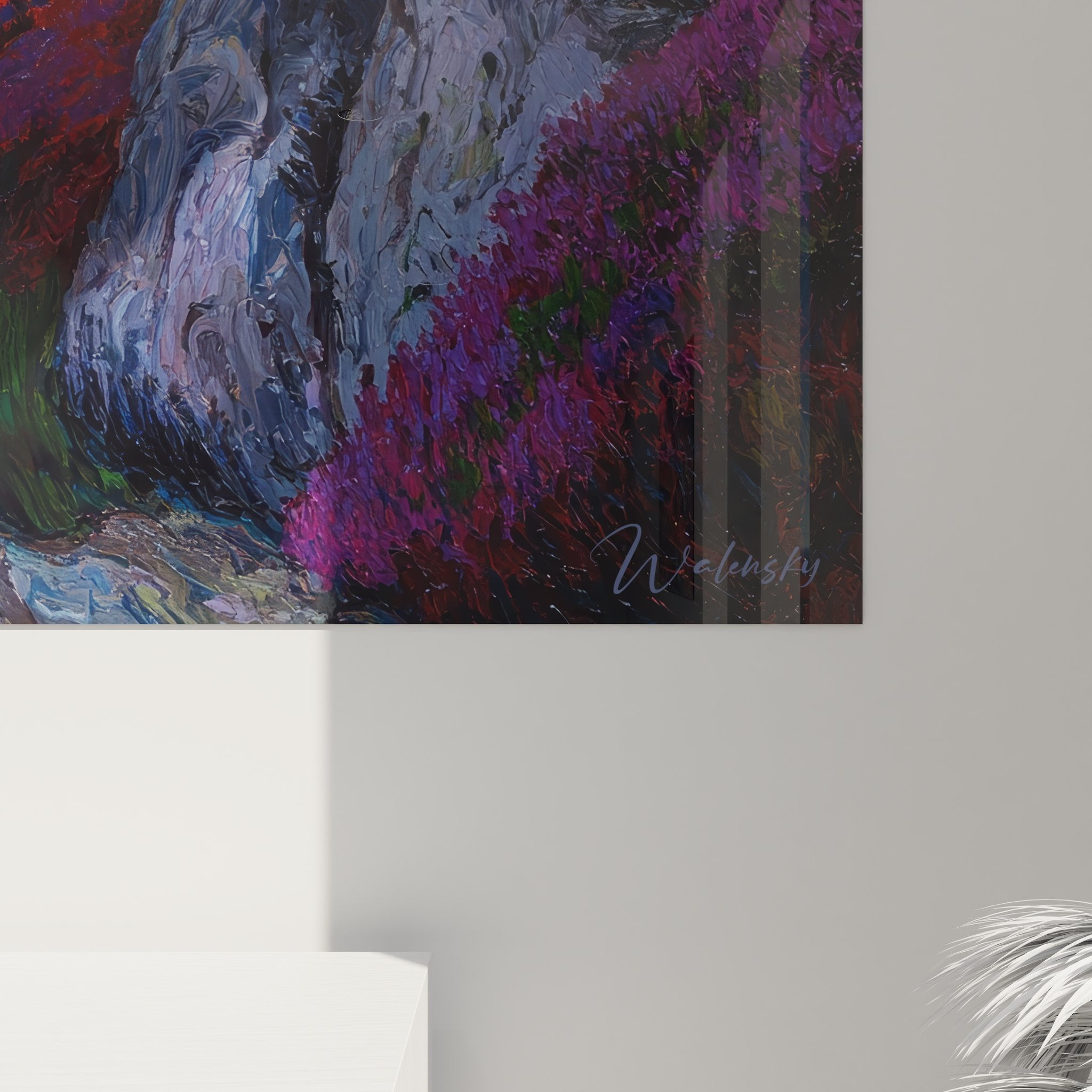 Vue ensemble tableau canyon rivière, œuvre d'art montagne aux couleurs vives dans intérieur contemporain