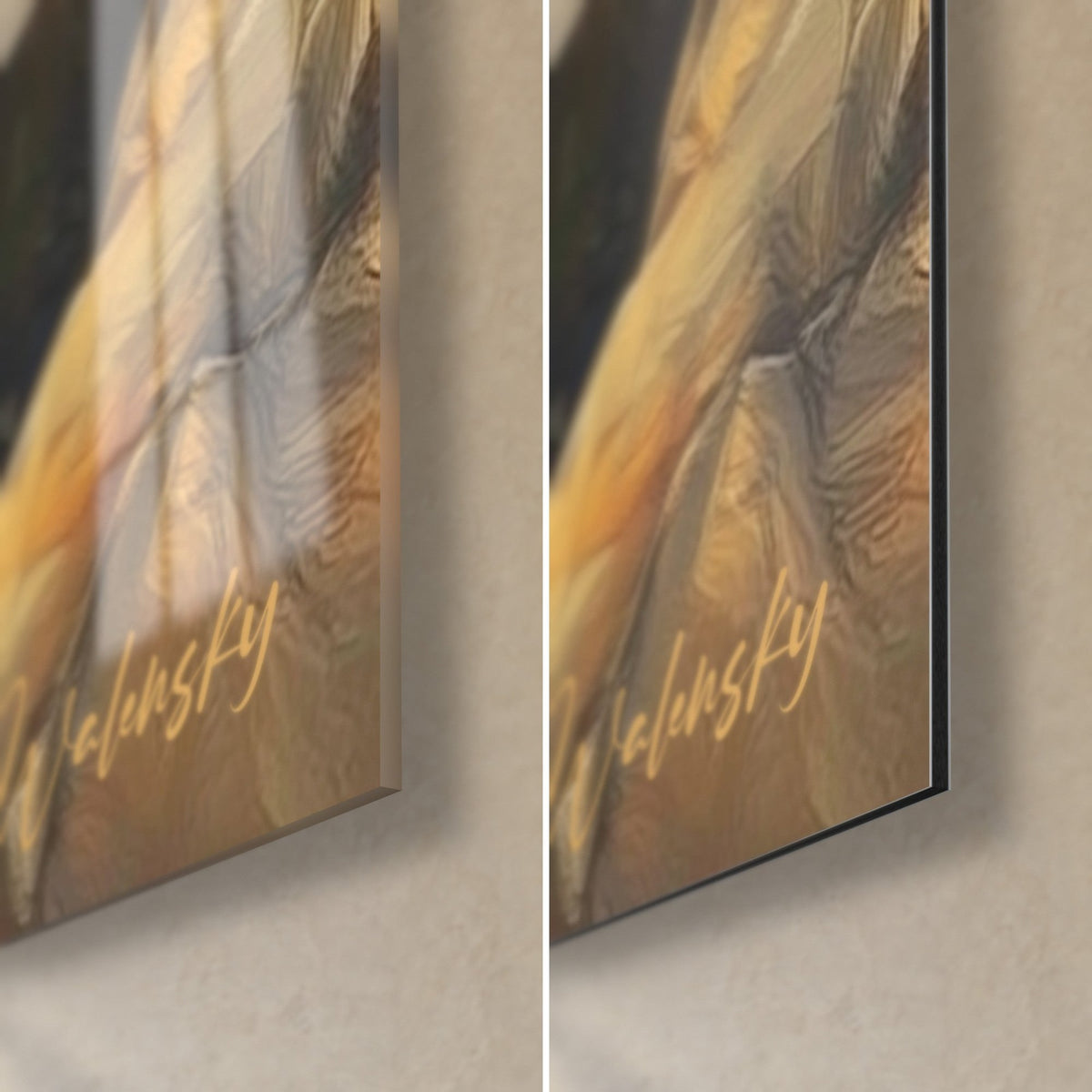 Wall art waterfall and ochre cliffs, bottom right corner, glossy acrylic glass reflecting the ochre on the left, matte Dibond aluminium on the right, 3 mm edge