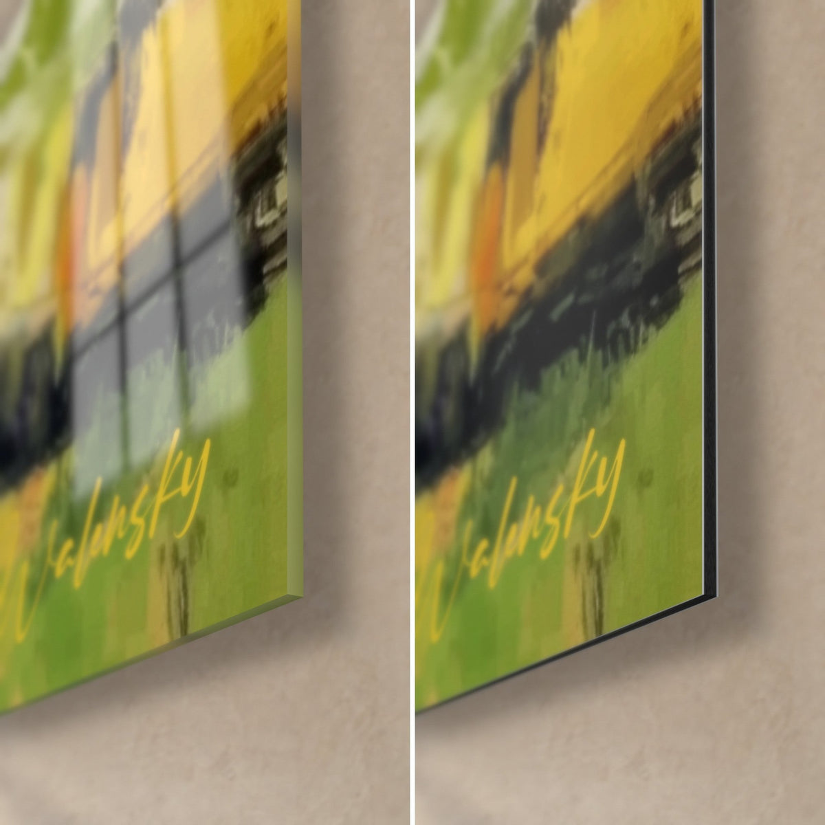 Tableau canyon impressionniste, coin bas droit en vert et jaune, tranche de 3 mm, verre brillant à gauche, Dibond mat à droite