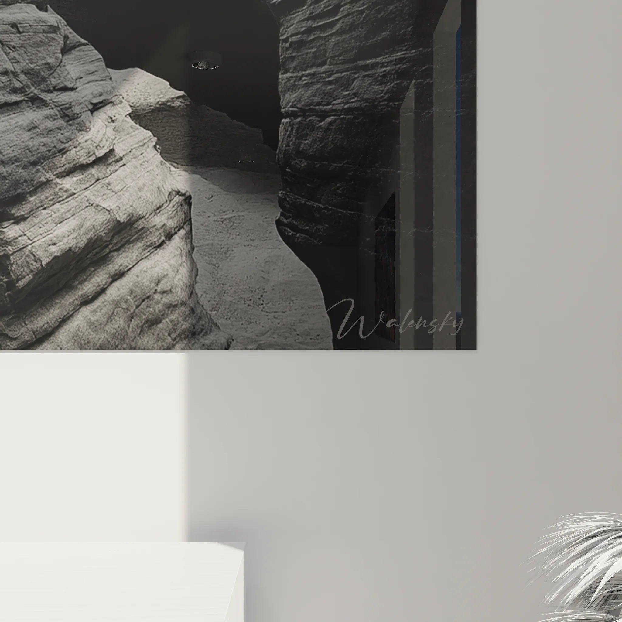 Vue ensemble tableau paysage canyon noir et blanc dans intérieur contemporain élégant