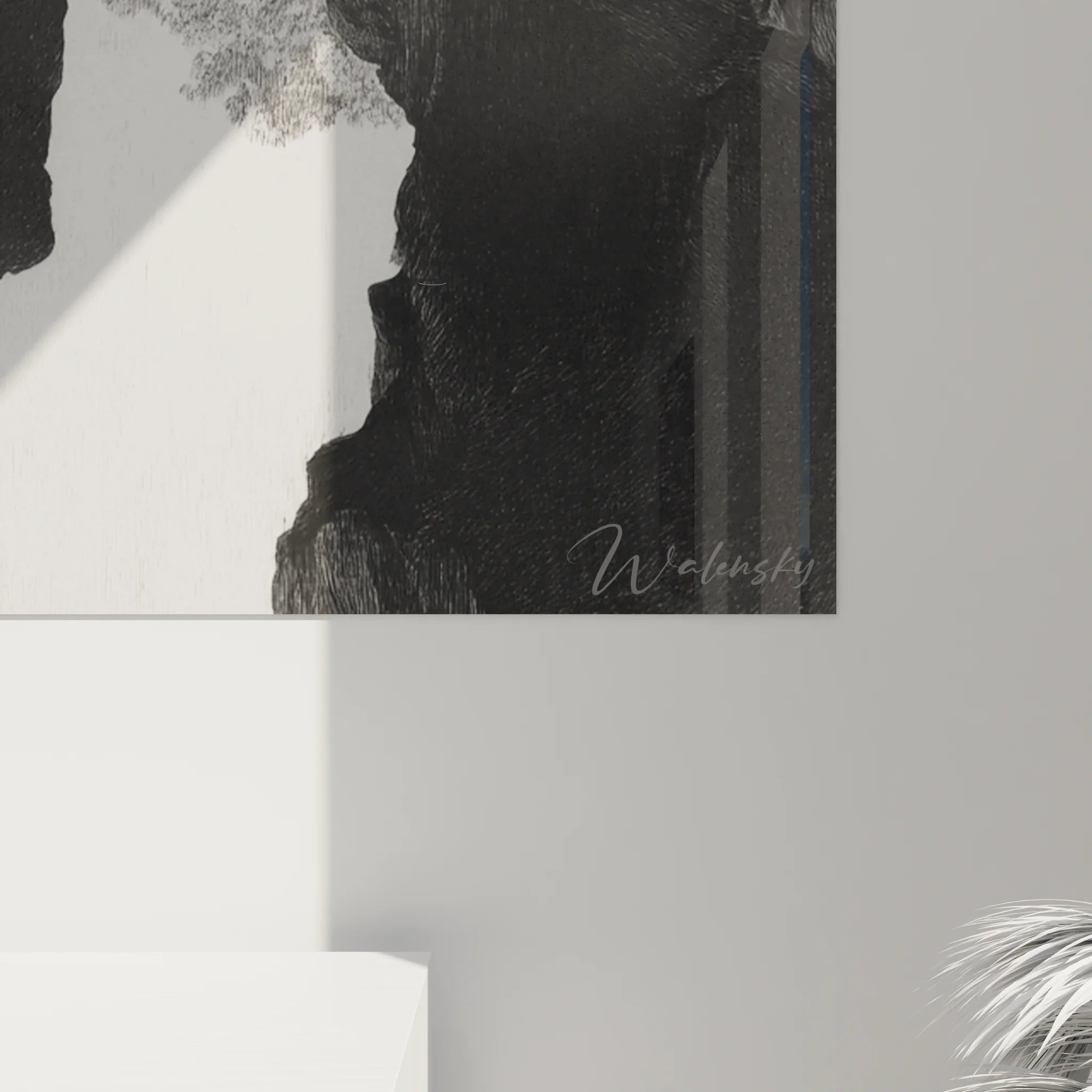 Vue d'ensemble tableau canyon noir et blanc, œuvre d'art murale paysage aux reflets mystiques