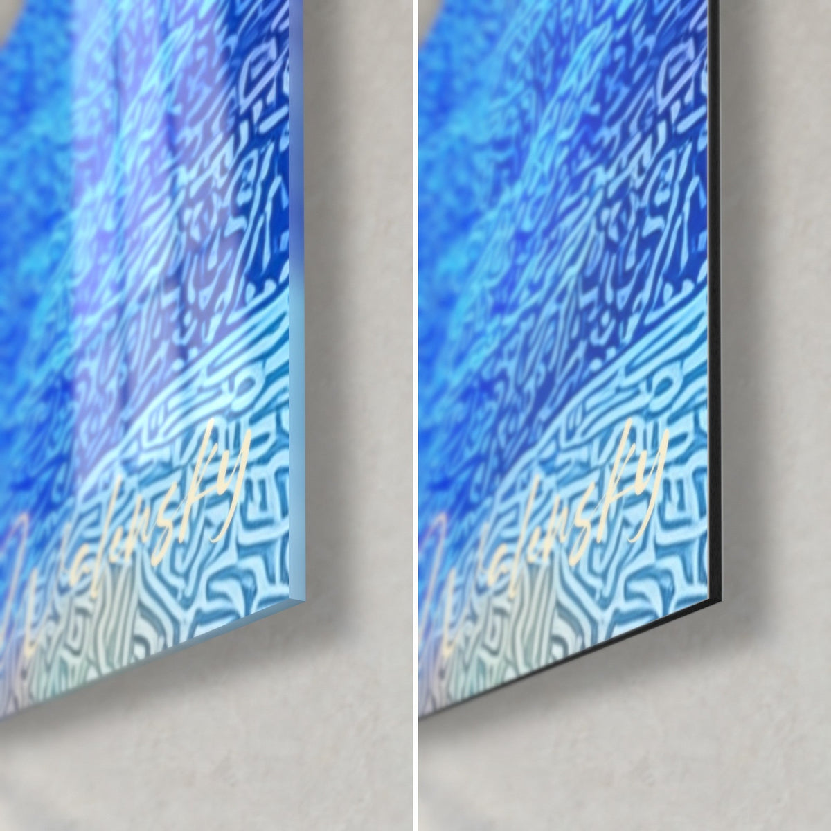 Wall art orange rock cliffs and electric blue pool, bottom right corner: glossy acrylic glass on the left, matte Dibond on the right, 3 mm edge