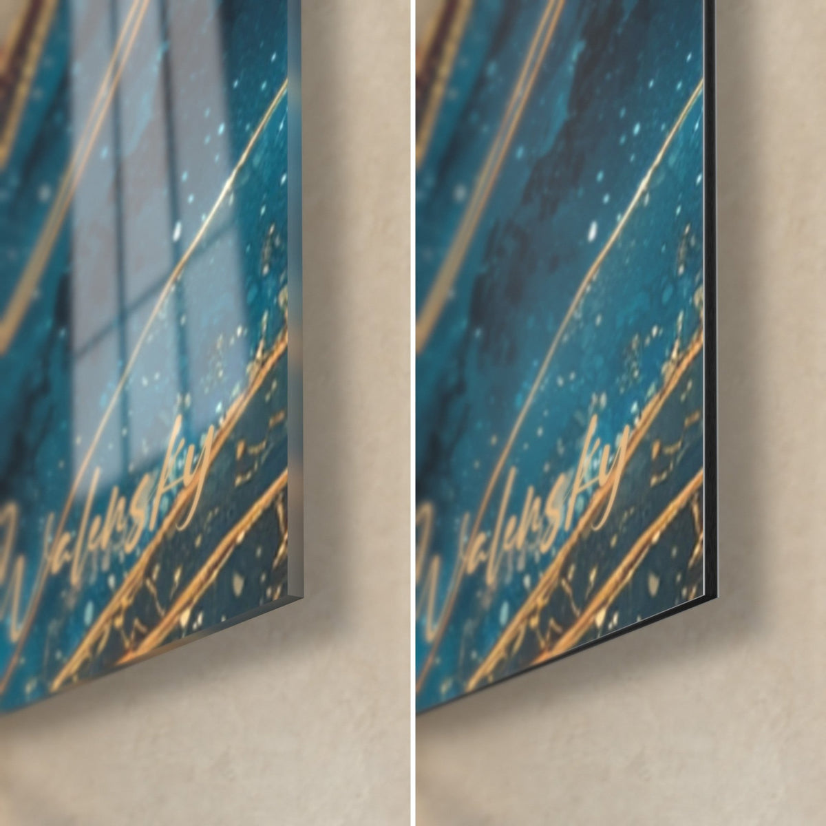 Gemälde Wüstenkarawane, Ausschnitt unten rechts: glänzendes Acrylglas links, matter Dibond-Alu rechts, goldene Funken auf entenblauem Grund