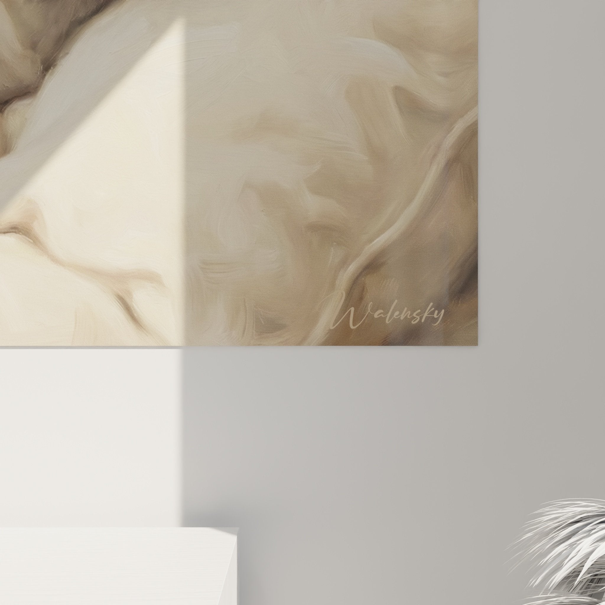 Pug painting bedroom living room wall art beige bedding neutral tones dog artwork
