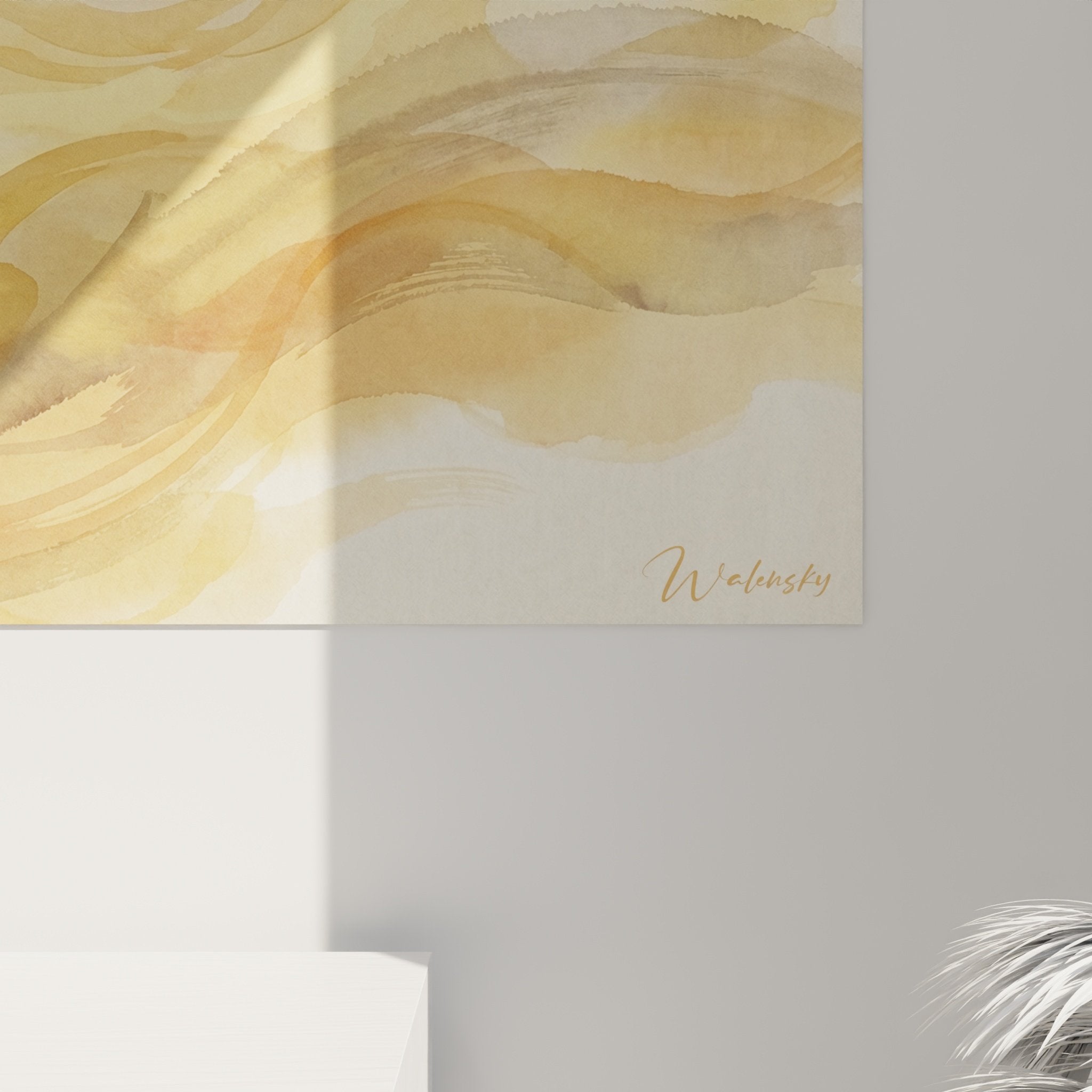 Vue ensemble tableau carlin nuages dorés, œuvre décorative murale tons ocre beige