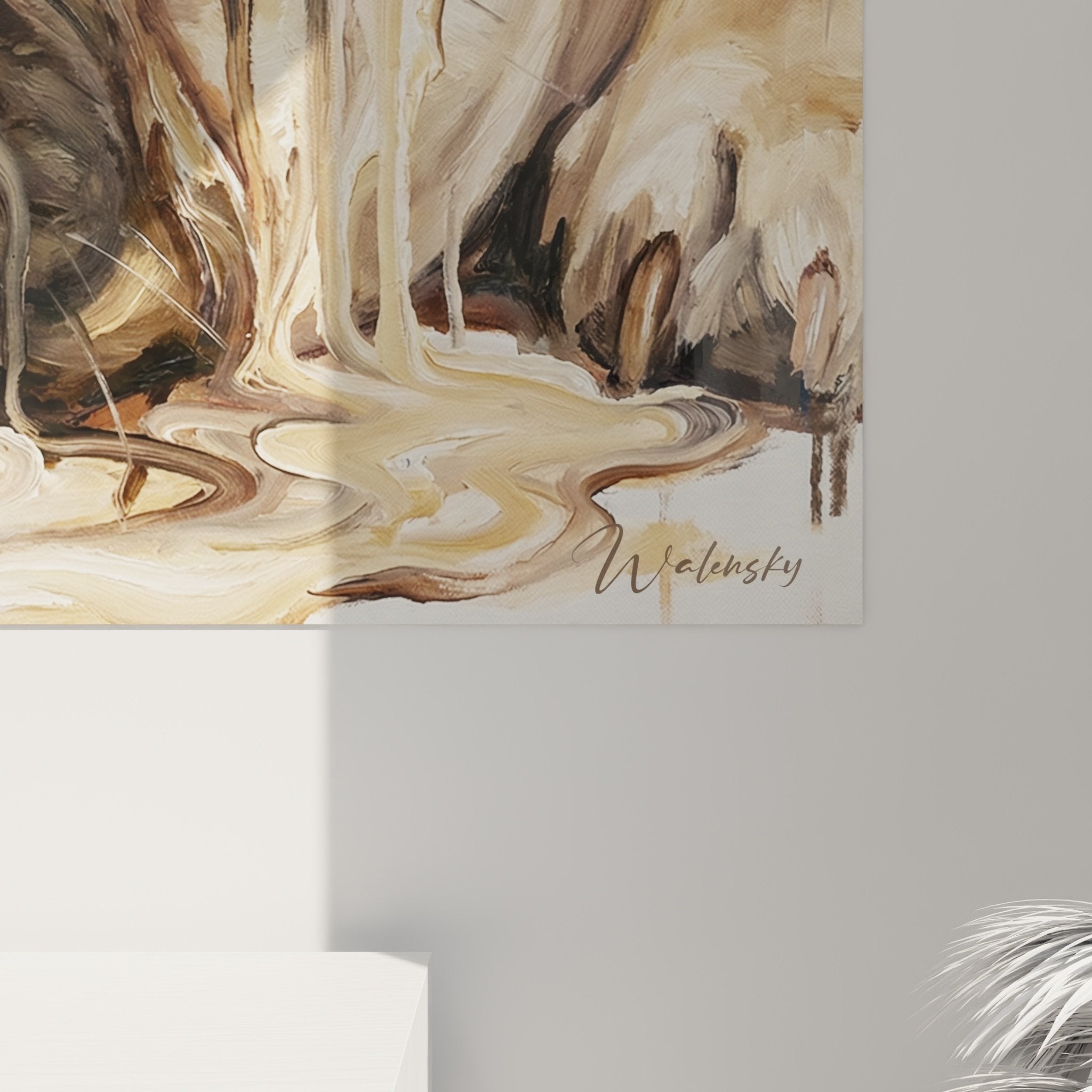 Vue ensemble tableau carlin salon decoration interieure art mural contemporain tons terreux harmonieux