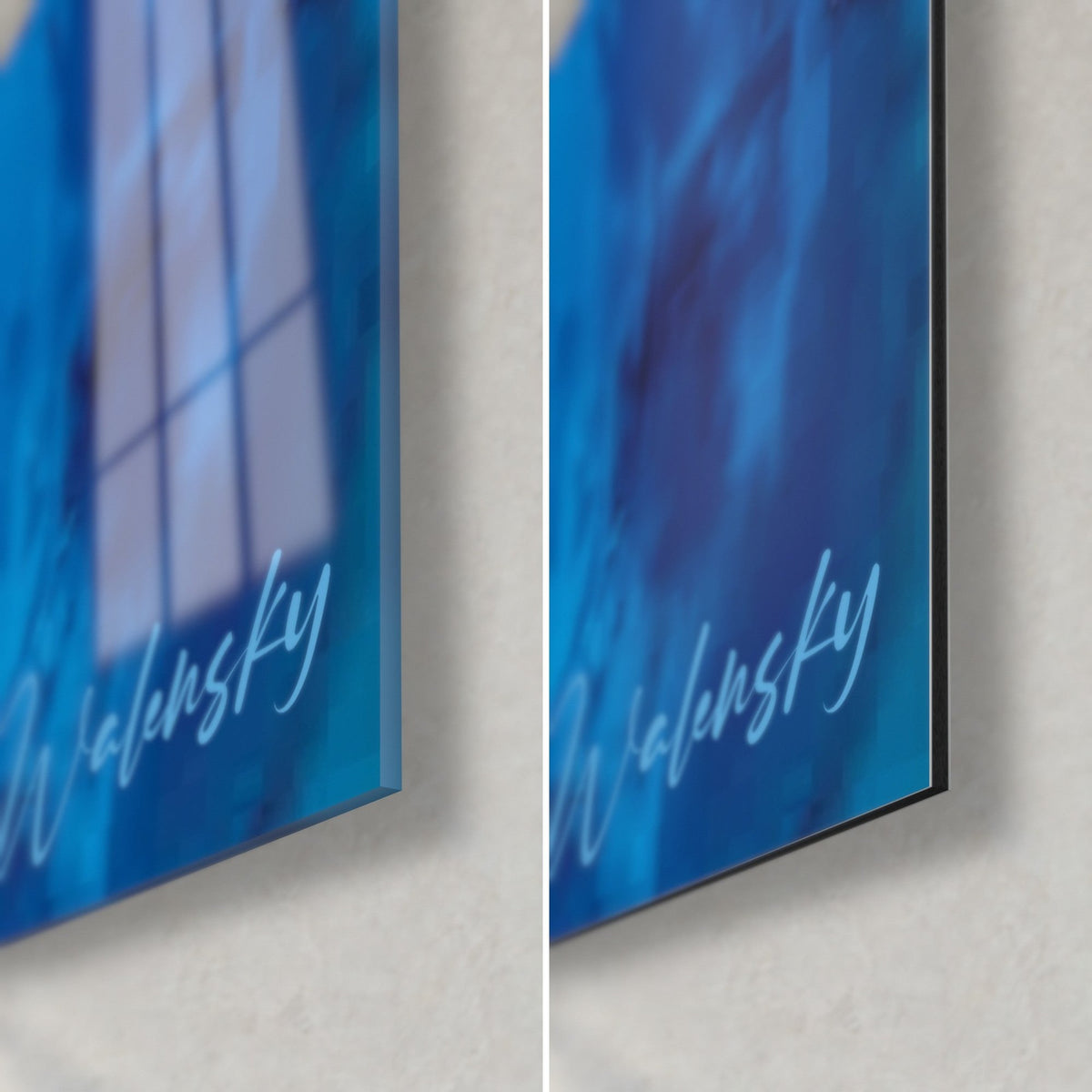 Wall art white rushing torrent painted with a palette knife, bottom right corner: glossy royal blue glass reflecting the window, matte Dibond, 3 mm thick