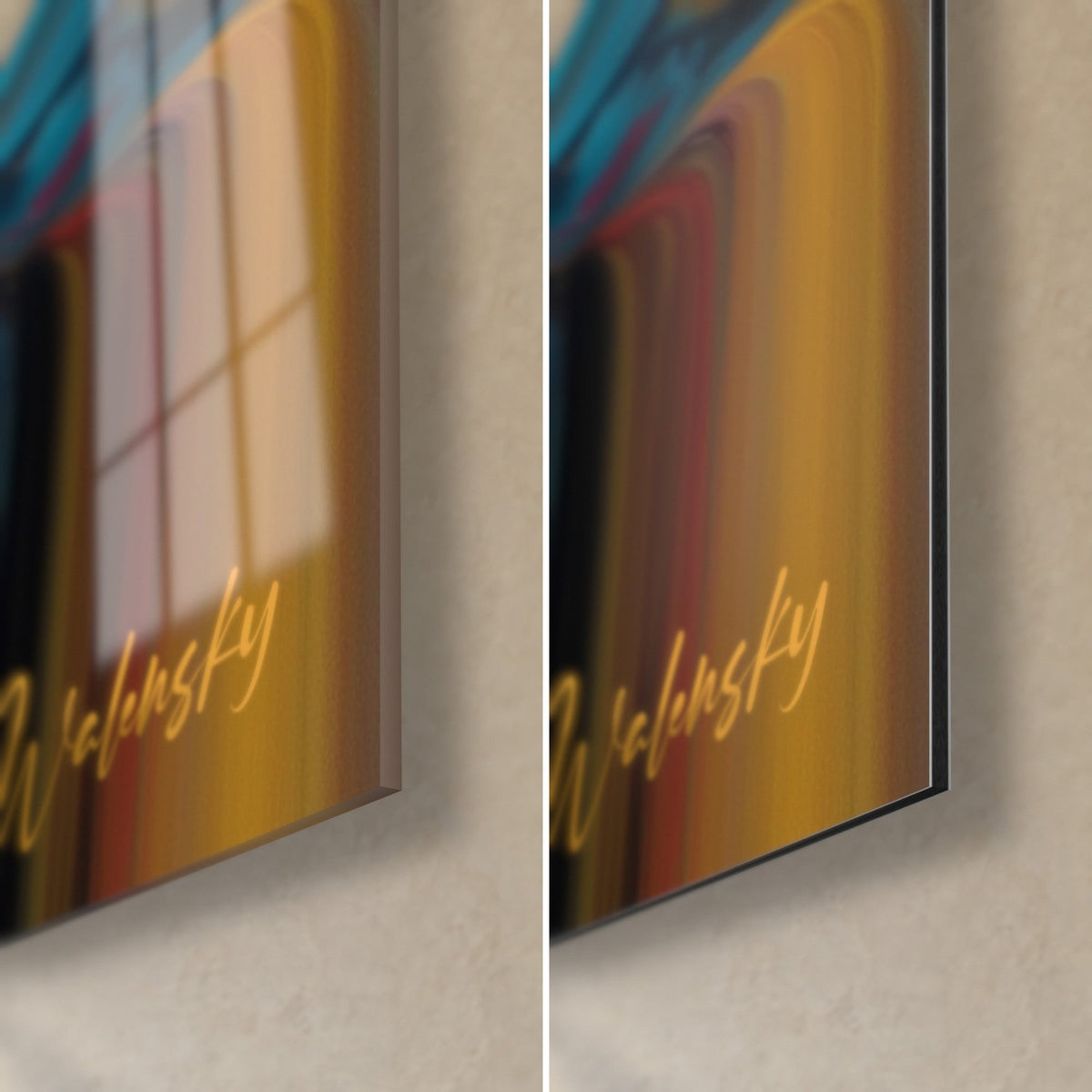 Gemälde türkisfarbener und ockerfarbener Wasserfall, unten rechts von Walensky signiert, glänzendes Acrylglas links, mattes Dibond-Aluminium rechts