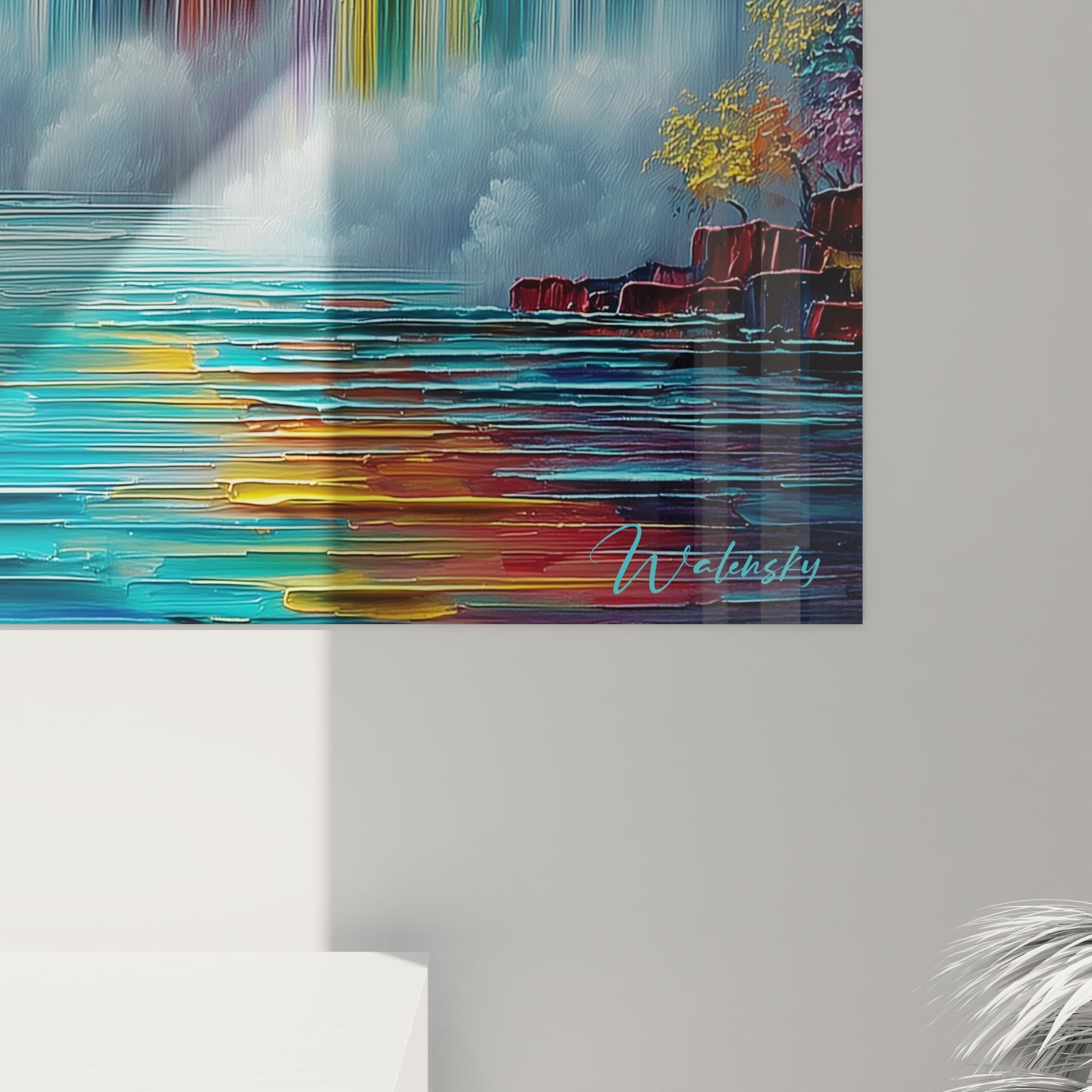 Vue ensemble tableau mural cascade arc-en-ciel artistique format panoramique décoration intérieure
