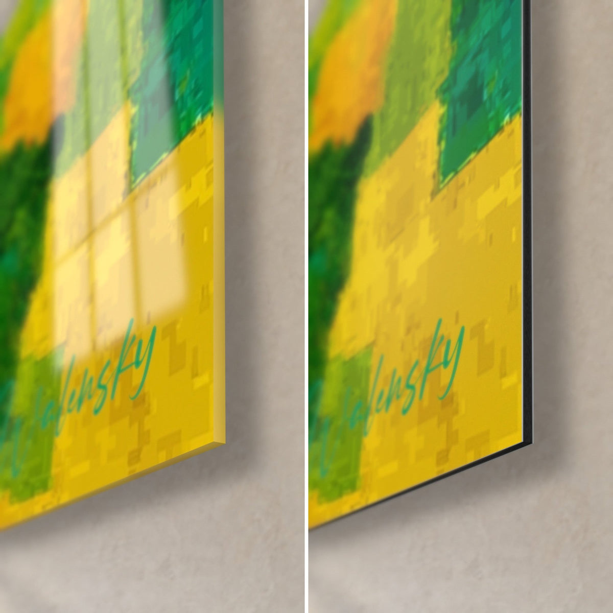 Wall art psychedelic waterfall, bottom right corner: glossy glass on the left, matte Dibond on the right, bright yellow and green plots, 3 mm thickness