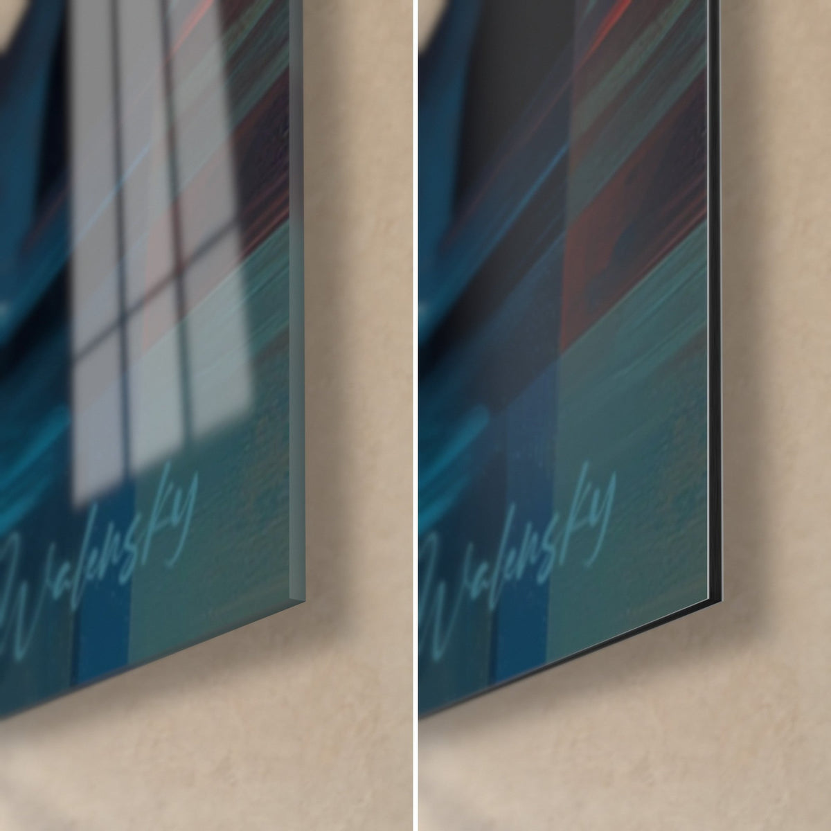 Wall art cubist landscape of deep blue and red falls, bottom right corner: glossy glass with reflections, matte Dibond, 3 mm edge