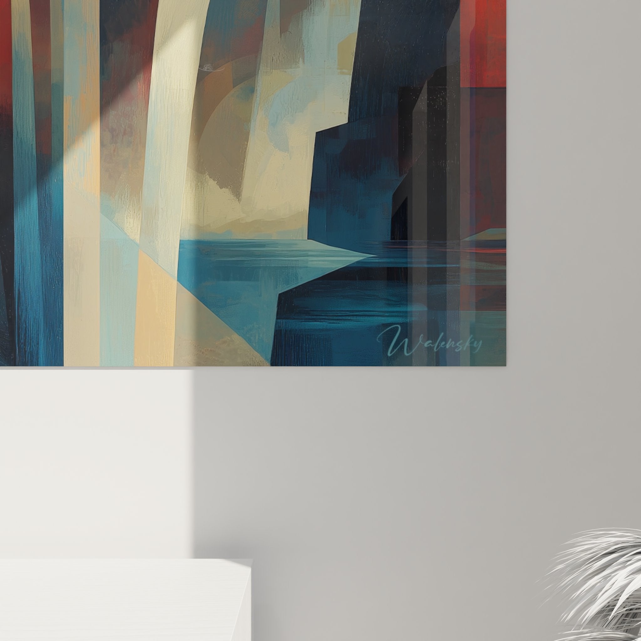 Vue ensemble tableau cascade art géométrique, composition cubiste complète décoration murale design