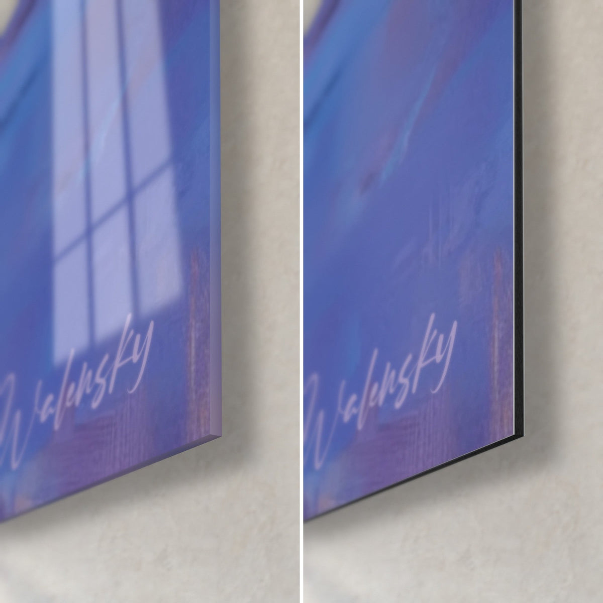 Wall art waterfall and river in ultramarine blue, bottom right corner: glossy acrylic glass on the left, matte Dibond aluminum on the right, 3 mm edge