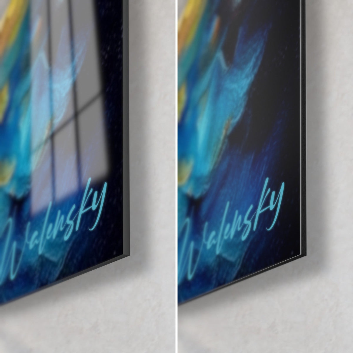 Tableau torrent mystique en peinture à l'huile, coin bas droit : verre acrylique brillant à gauche, Dibond mat bleu nuit à droite