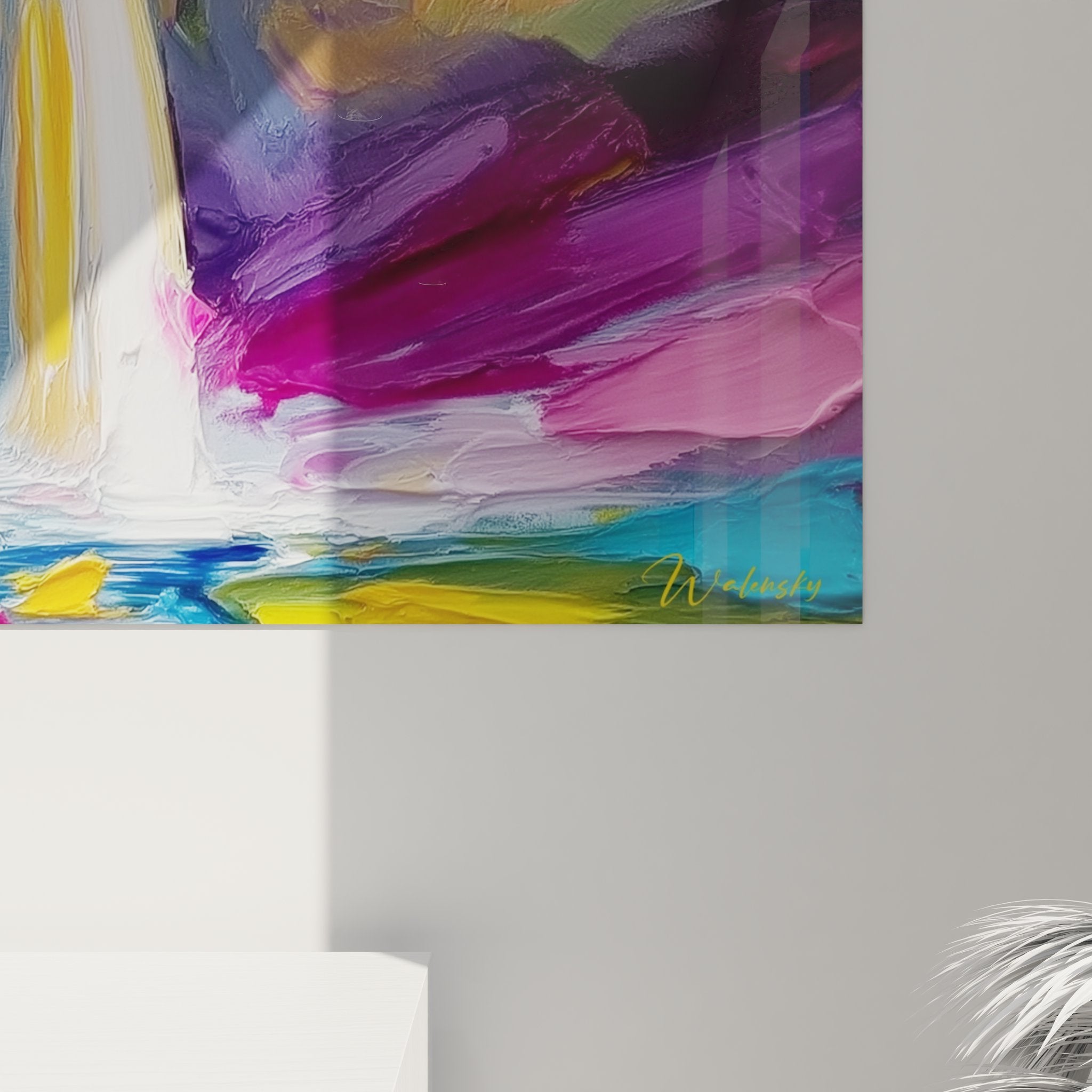Vue ensemble tableau cascade impressionniste coloré, œuvre art mural contemporain décoration murale