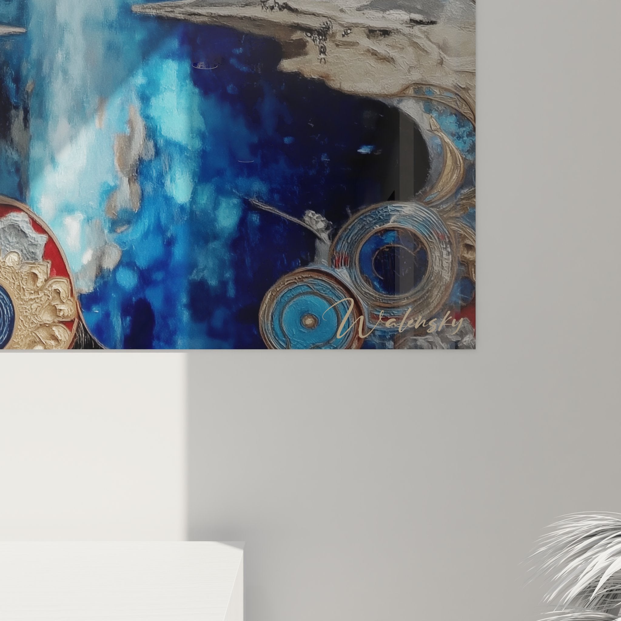 Vue ensemble tableau mural cascade cosmique avec lune et lac déco spirituelle