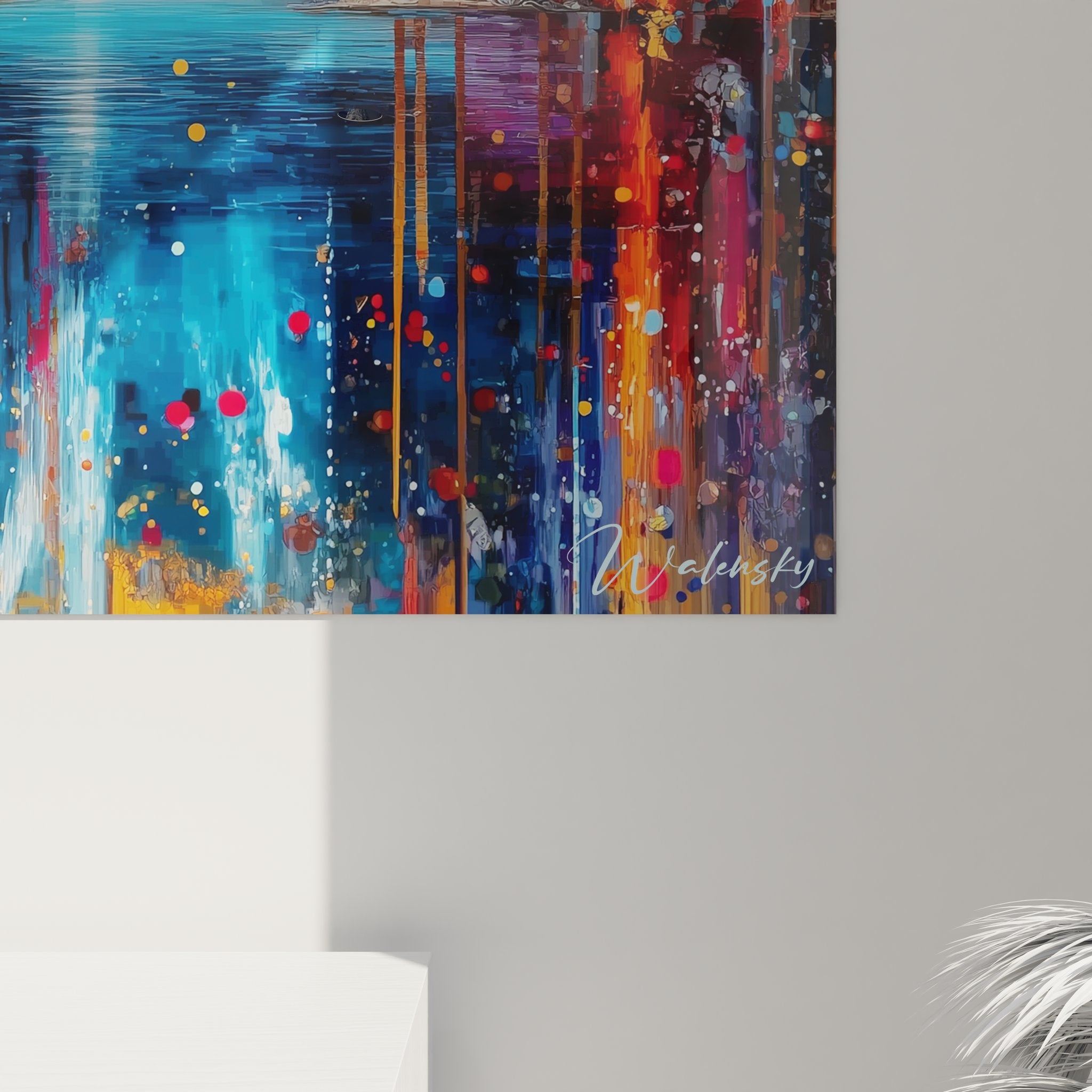 Vue ensemble tableau cascade multicolore décoratif avec effets aquarelle et paysage fantastique