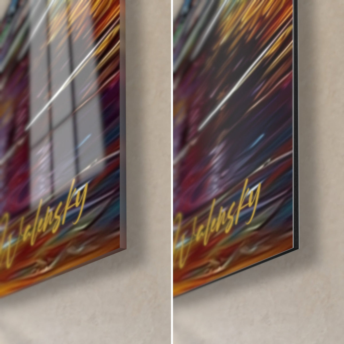 Wall art multicolored waterfall, bottom right corner: glossy acrylic glass on the left, matte Dibond aluminum on the right, 3 mm edge