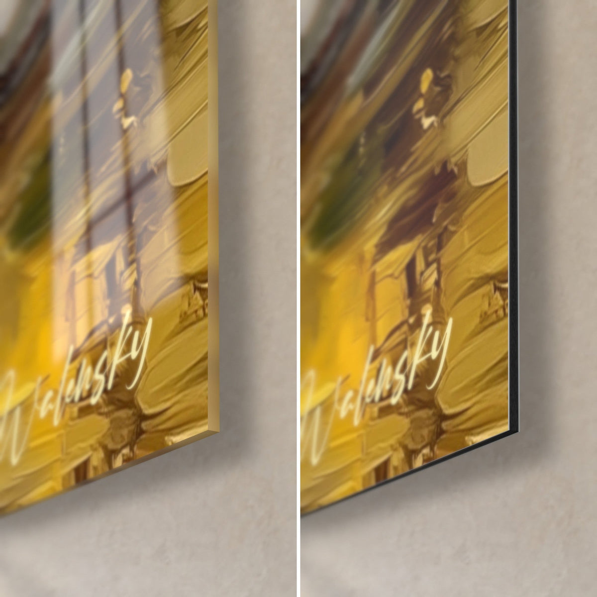 Tableau ruisseau forestier peint à la spatule, coin bas droit : verre brillant reflets jaune d'or, Dibond noir mat, tranche 3 mm