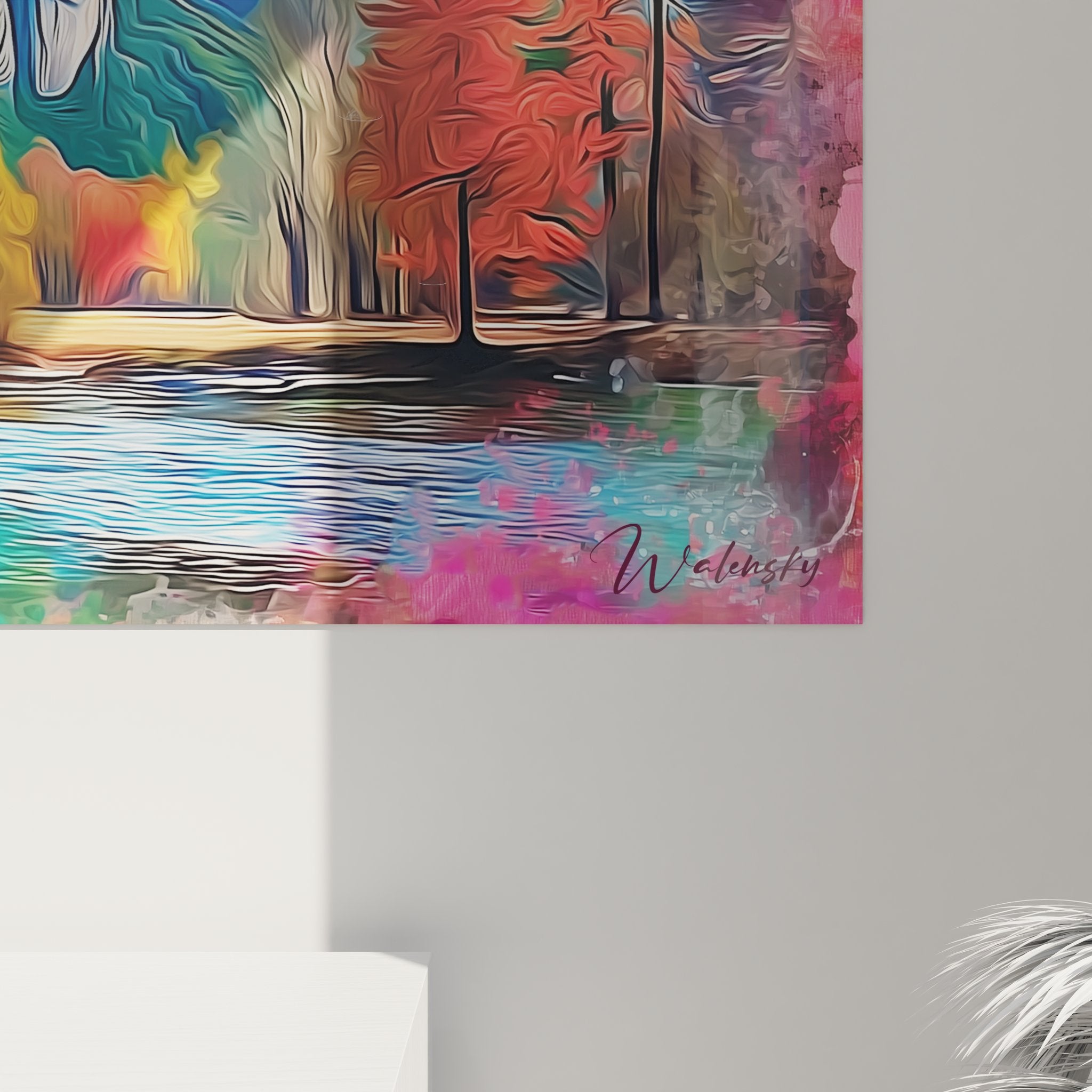 Vue ensemble tableau cascade mural grand format dans intérieur contemporain