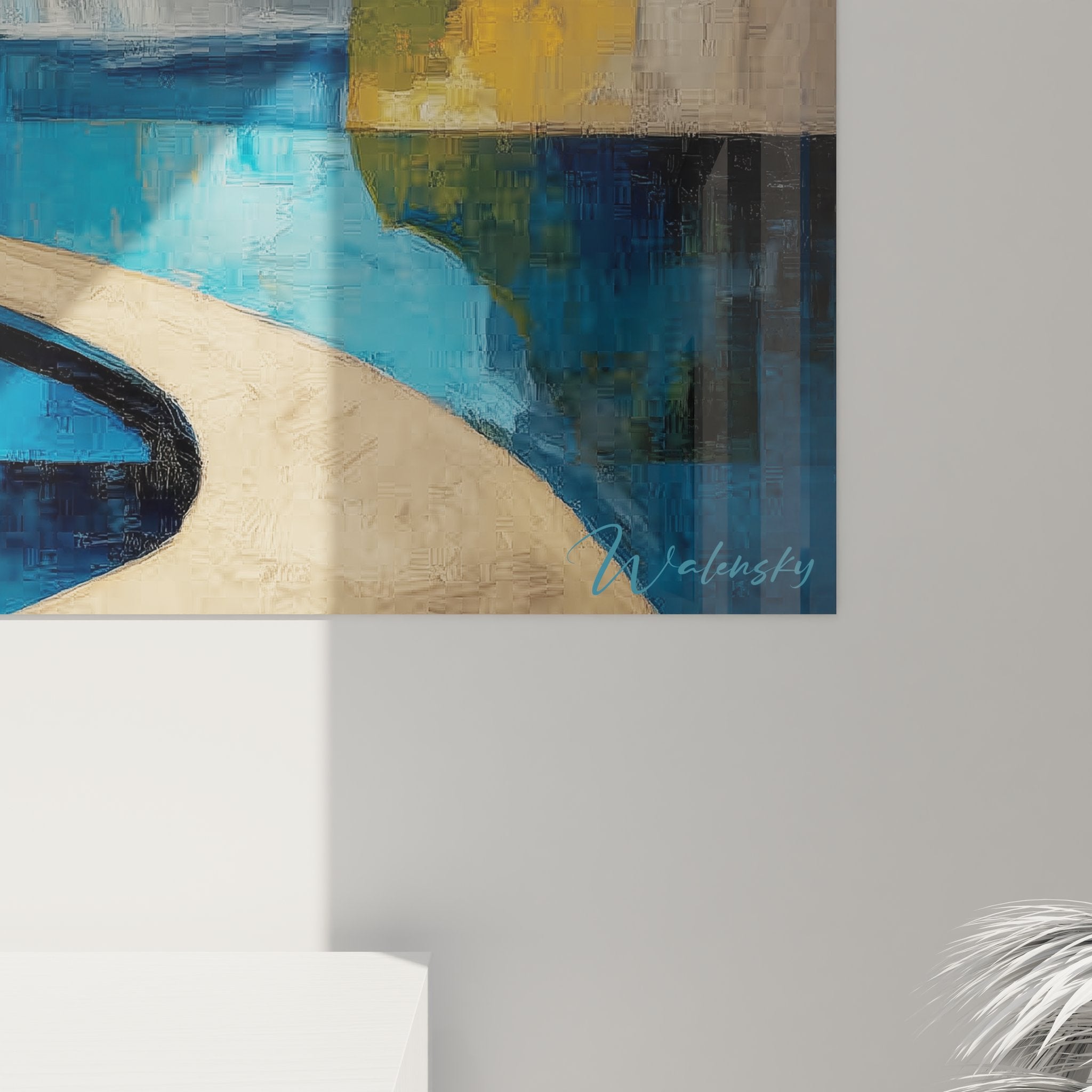 Vue d'ensemble tableau mural cascade géométrique moderne avec composition abstraite colorée