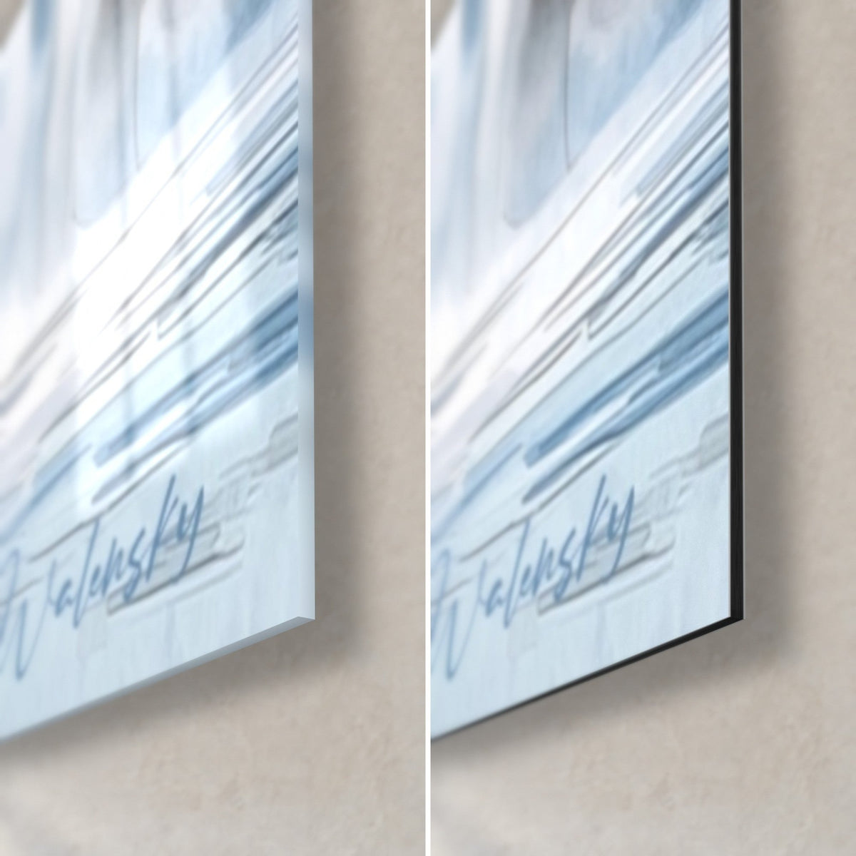 Wall art sandstone cliff in fine brushwork, bottom right corner: blue signature on glossy glass and on matte black Dibond, 3 mm thick