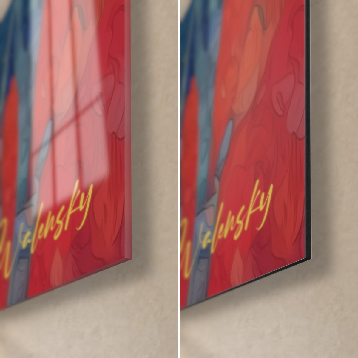 Schilderij waterval geschilderd in kobaltblauw en rood gebladerte, rechtsonder met gouden handtekening, glanzend glas en mat Dibond