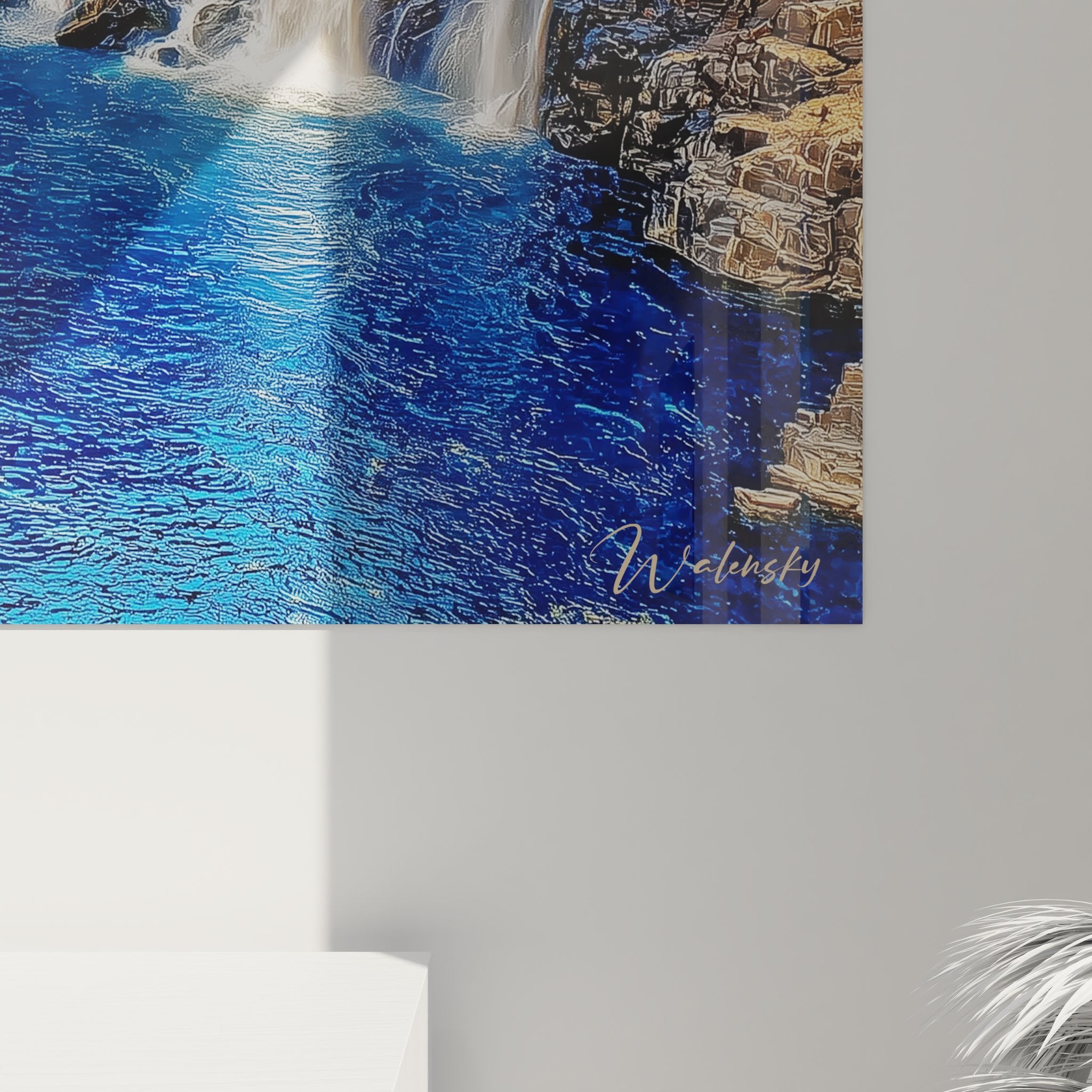 Vue ensemble tableau mural cascade panoramique dans salon avec chutes eau gorge rocheuse