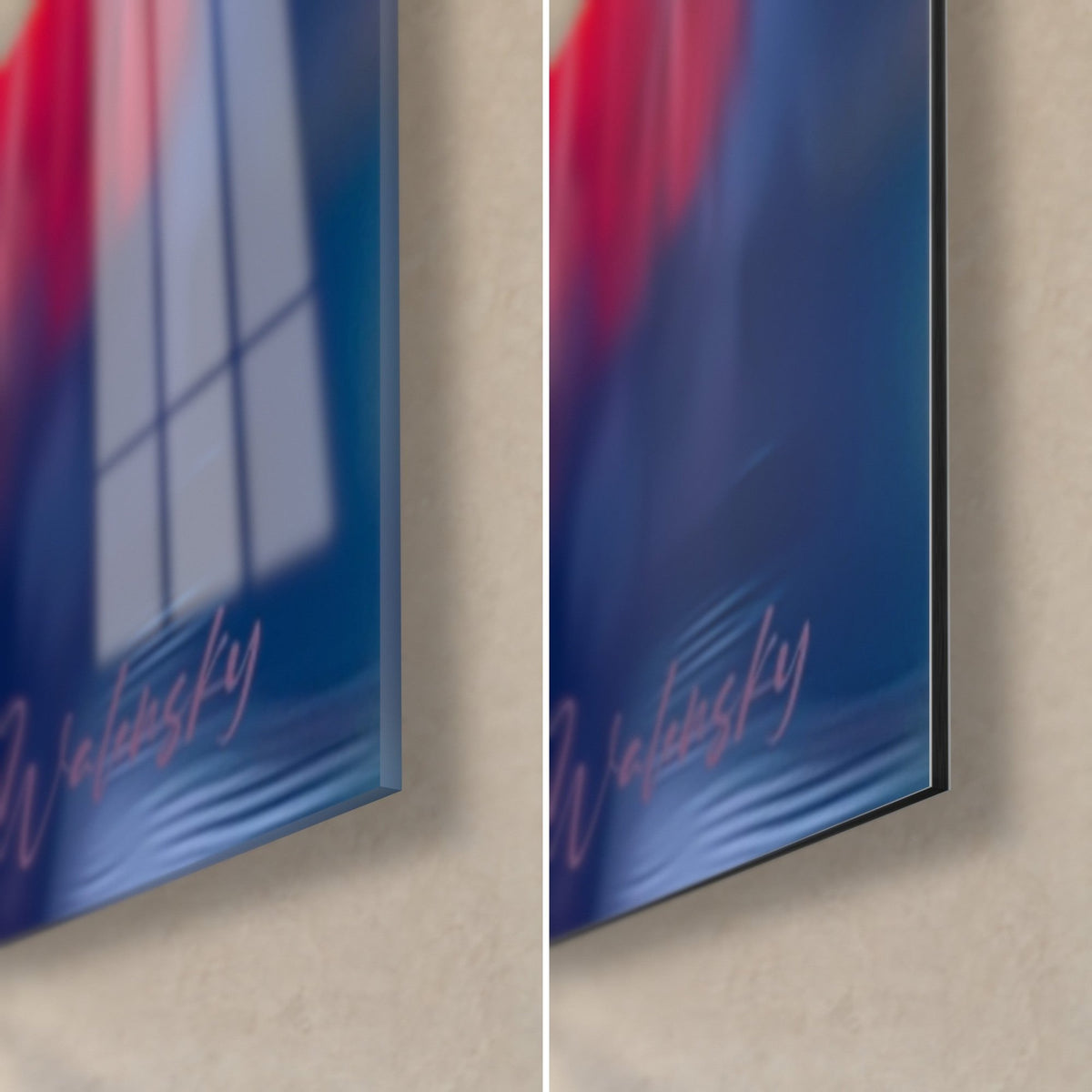 Gemälde Gebirgslandschaft, untere rechte Ecke: glänzendes blaues und rotes Glas links, mattes Dibond rechts, 3 mm Kante