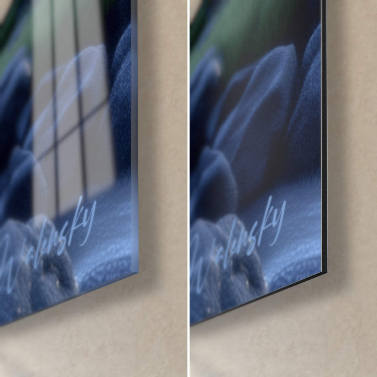 Wall art mystical river with midnight blue rocks, bottom right corner: glossy acrylic glass with reflections, matt Dibond, 3 mm edge