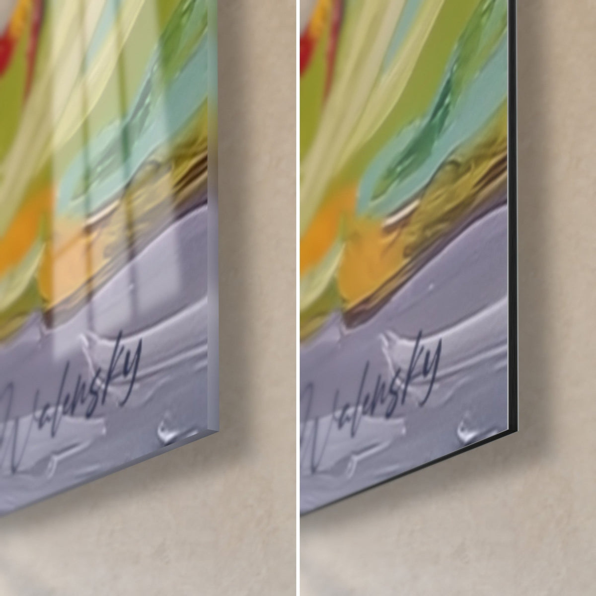 Gemälde weißer Wildbach über einem graublauen See, untere rechte Ecke, Signatur Walensky, glänzendes Acrylglas und mattes Alu-Dibond, 3 mm Stärke