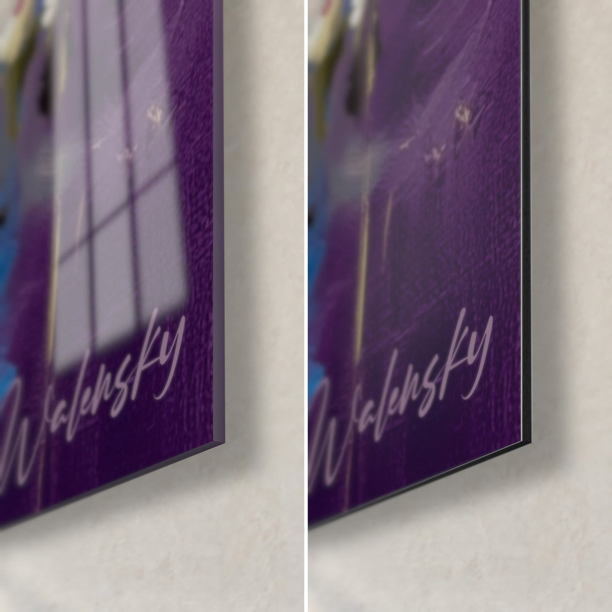 Gemälde Wildbach mit blauen und violetten Pinselstrichen, untere rechte Ecke: glänzendes Acrylglas und mattes Alu-Dibond, 3 mm Kante
