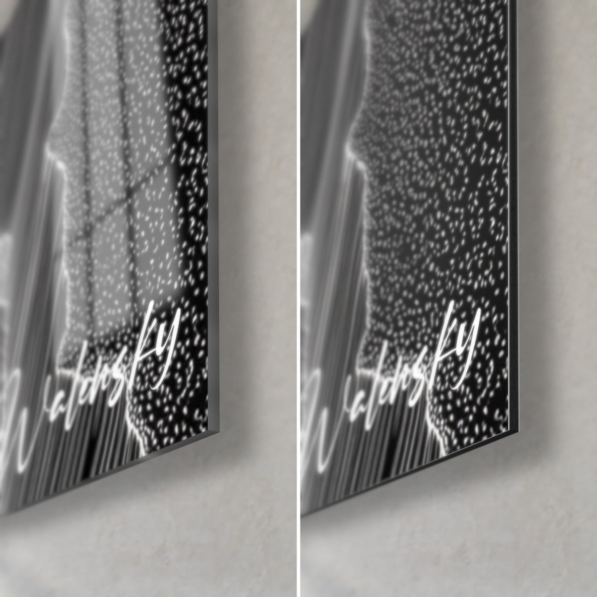 Gemälde weiße gravierte Wasserfall auf schwarzem Grund, untere rechte Ecke, glänzendes Acrylglas links, matter Alu-Dibond rechts, 3 mm Kante