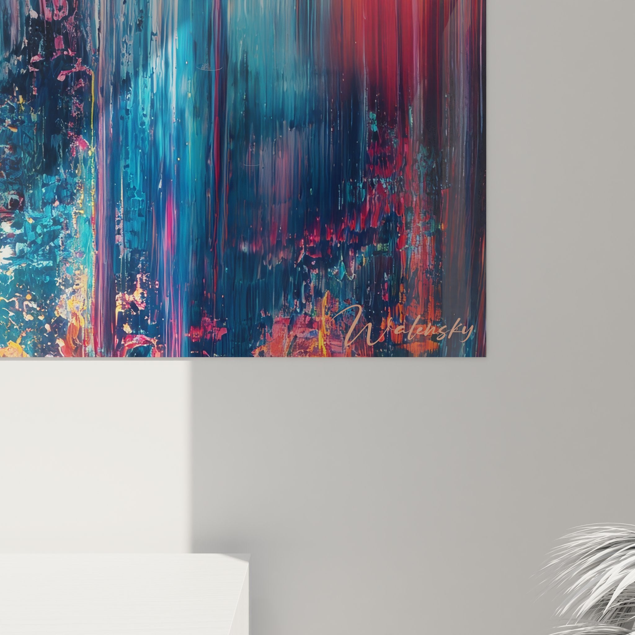 Vue d'ensemble tableau mural cascades colorées abstraites art contemporain style raclé